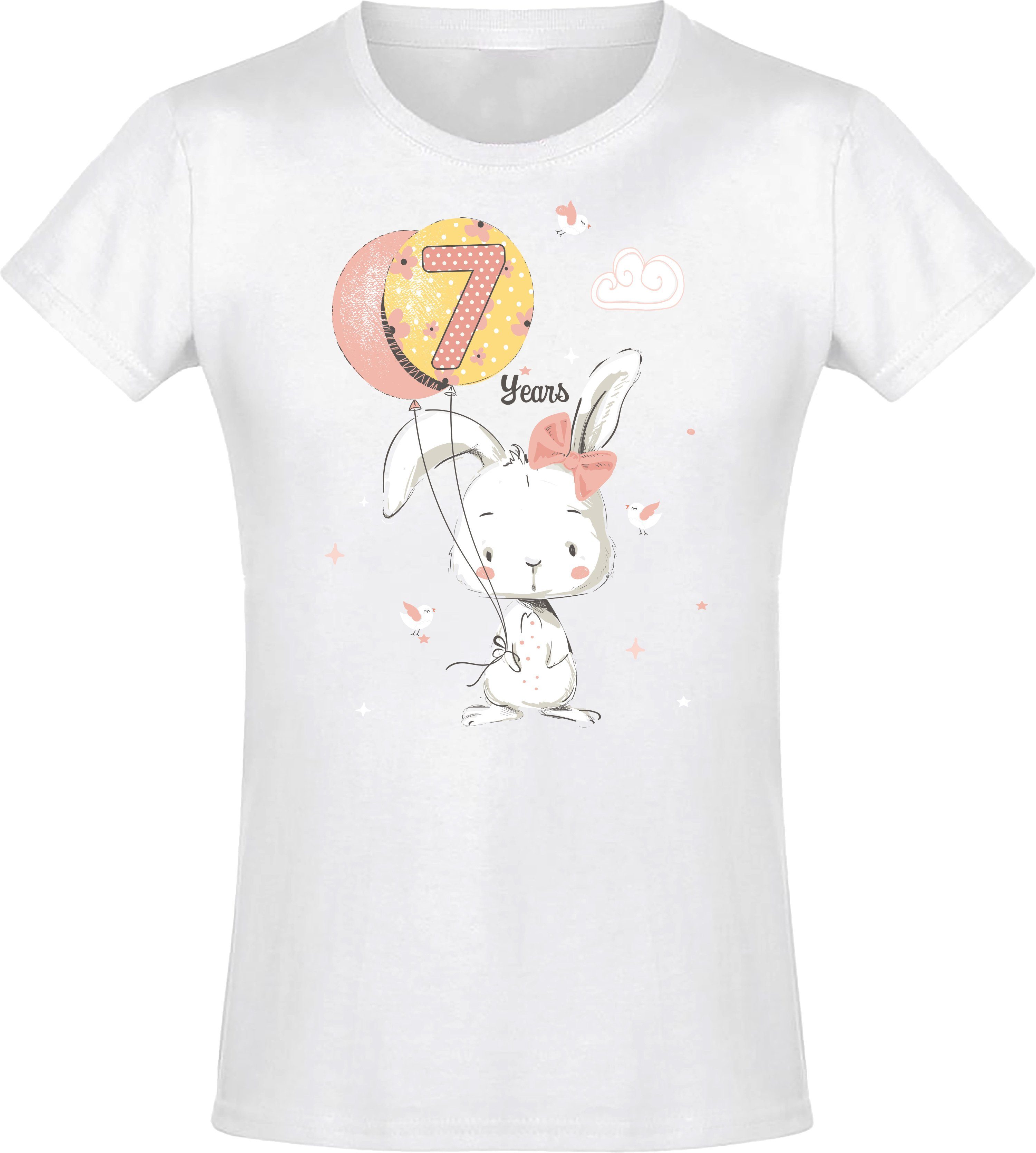 Baddery Print-Shirt Geburstagsgeschenk für Mädchen : 7 Jahre mit Hase hochwertiger Siebdruck, aus Baumwolle Weiß | T-Shirts