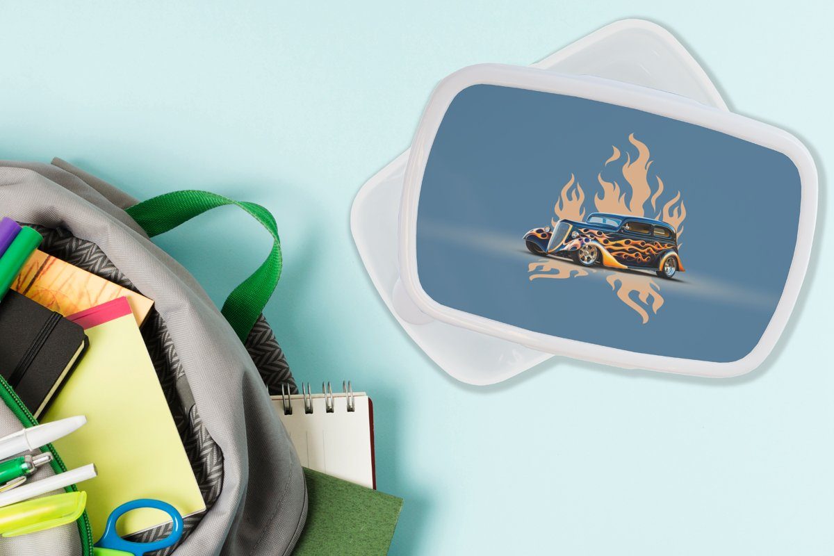 MuchoWow Lunchbox Auto Flammen, Kunststoff, Oldtimer und Brotbox und - - für Jungs für - (2-tlg), Kinder Blau Brotdose, Erwachsene, weiß Mädchen