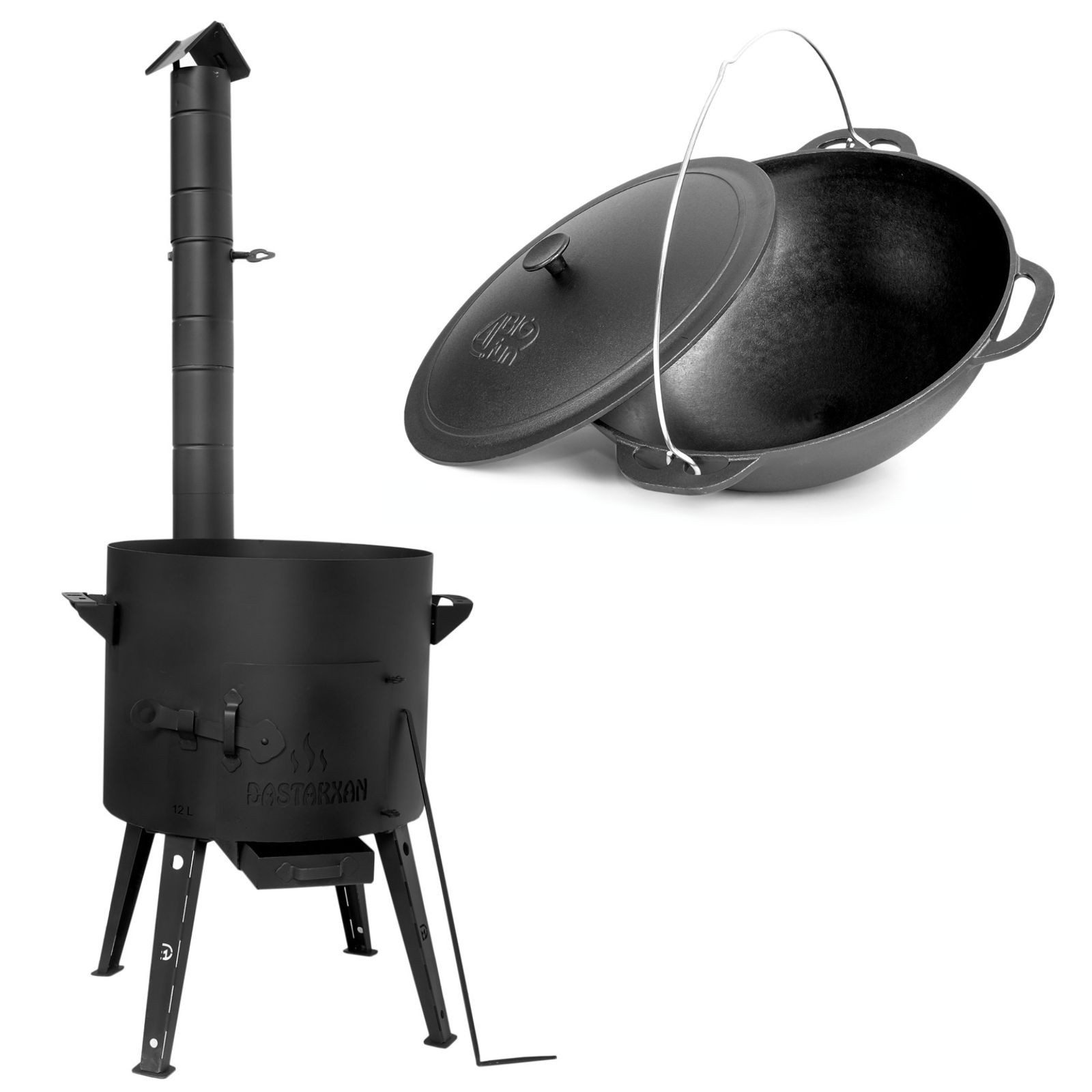 BIG-PAN Feuerstelle Ø40 cm Uchag Abzugsrohr 15L Kazan Deckel Gusseisen, (Feuerofen mit Gusseisentopf für Plov, Utschak Usbekische Kasan Asia)