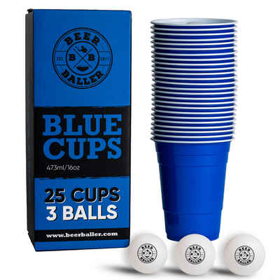 BeerBaller Becher BeerBaller® Blue Cups - 25 blaue Beer Pong Becher & 3 Bierpong Bälle als Set, 16oz/473ml