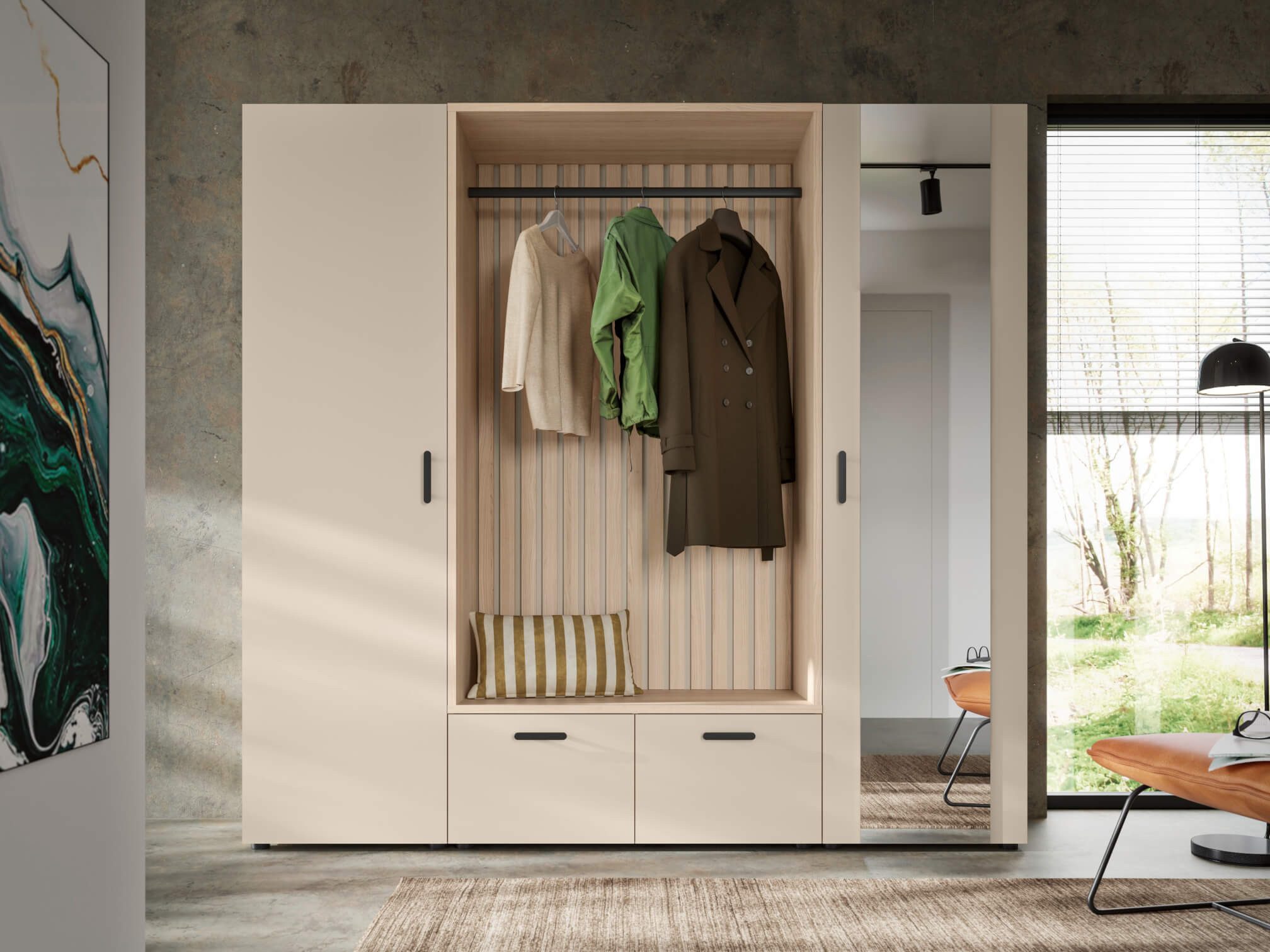 moebel-dich-auf Kompaktgarderobe MODENA (Set, 3-tlg., Sitzbank mit Paneel und 2 Garderobenschränken) 210 cm breit