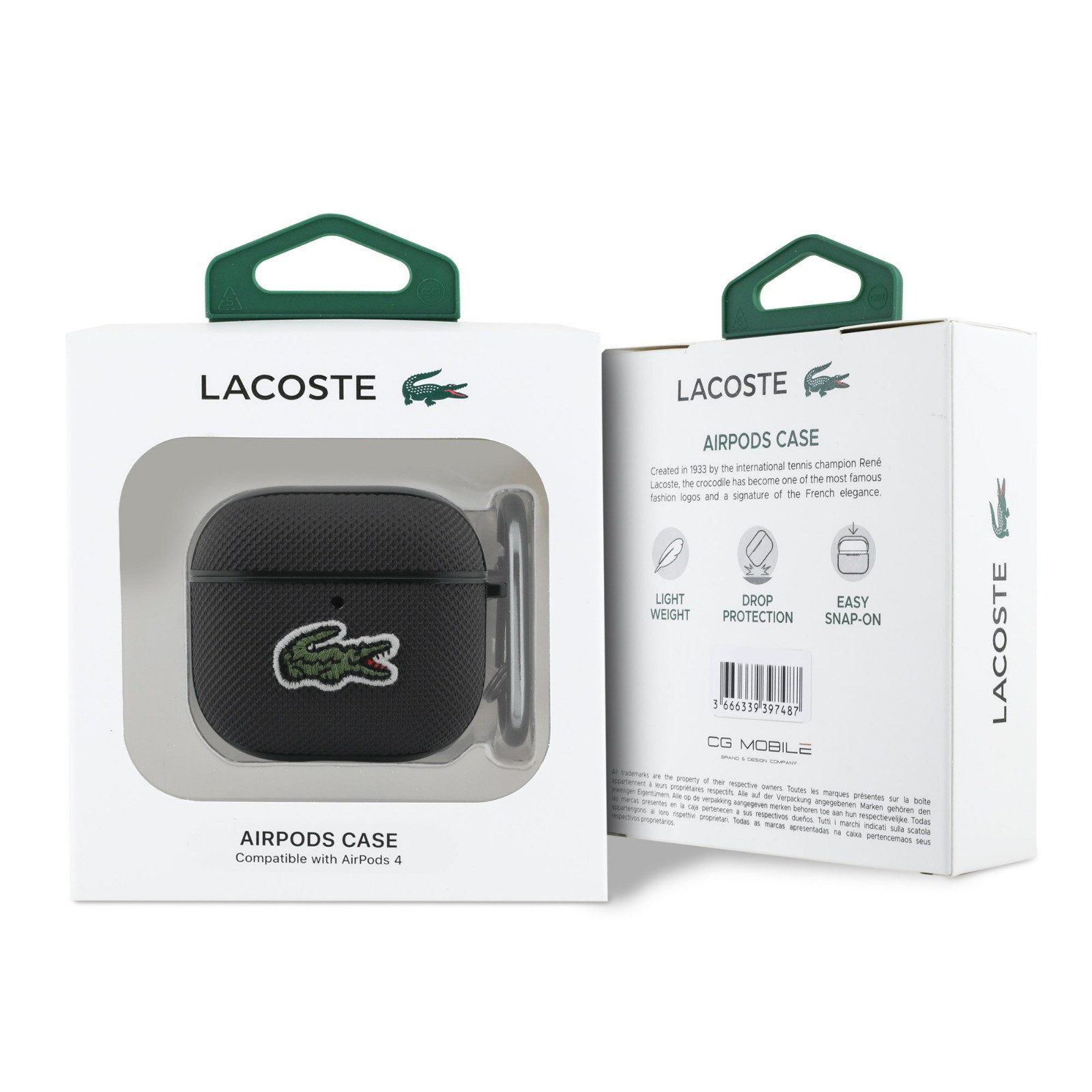 Lacoste Kopfhörer-Schutzhülle Case AirPods 4 schwarz Logo Krokodil grün mit Karabiner