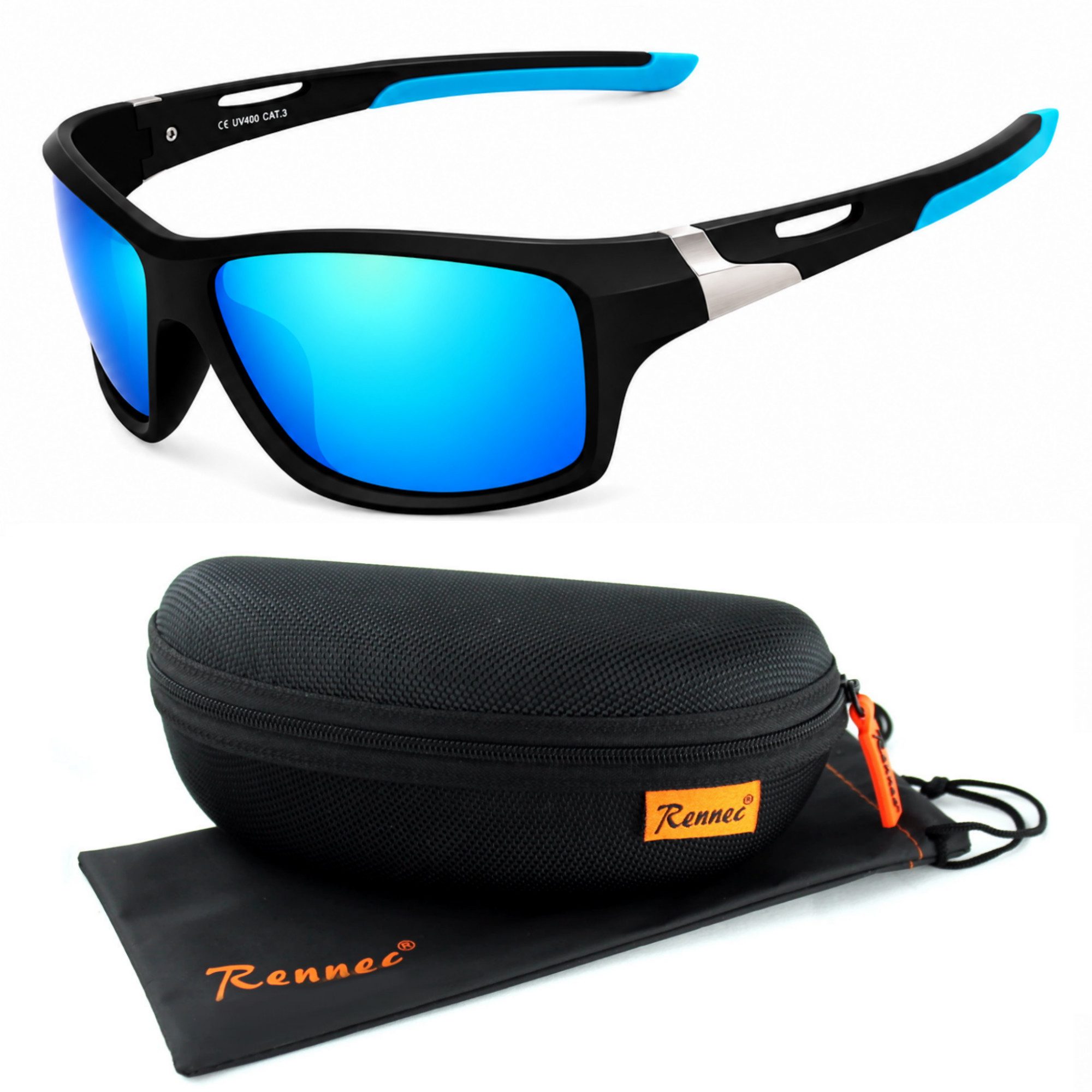 Rennec Sonnenbrille Herren Sportbrille Radbrille Polarisiert mit Outdoor Hardcase Gläser Schwarz Getönt, Rot oder Blau Verspiegelt, Gelb Night Vision