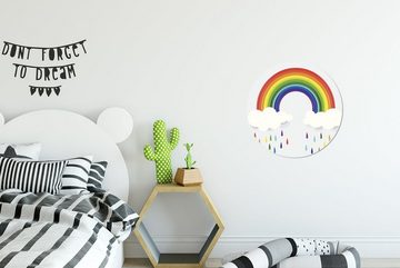 MuchoWow Wandsticker Eine Illustration eines Regenbogens mit Wolken und Regenbogentropfen (1 St), Tapetenkreis für Kinderzimmer, Tapetenaufkleber, Rund, Wohnzimmer