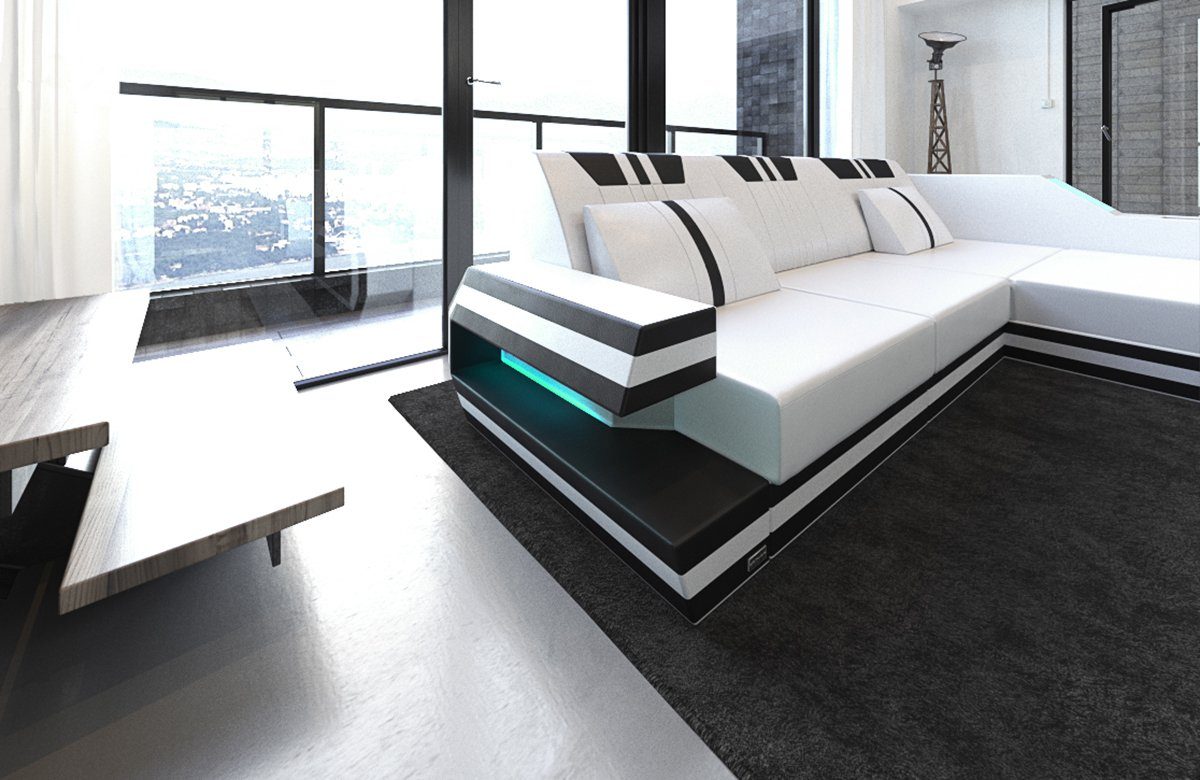 Sofa Dreams Ecksofa Ravenna L Form Leder mit Ottomane und USB, Couch, mit LED, wahlweise mit Bettfunktion als Schlafsofa, Designersofa