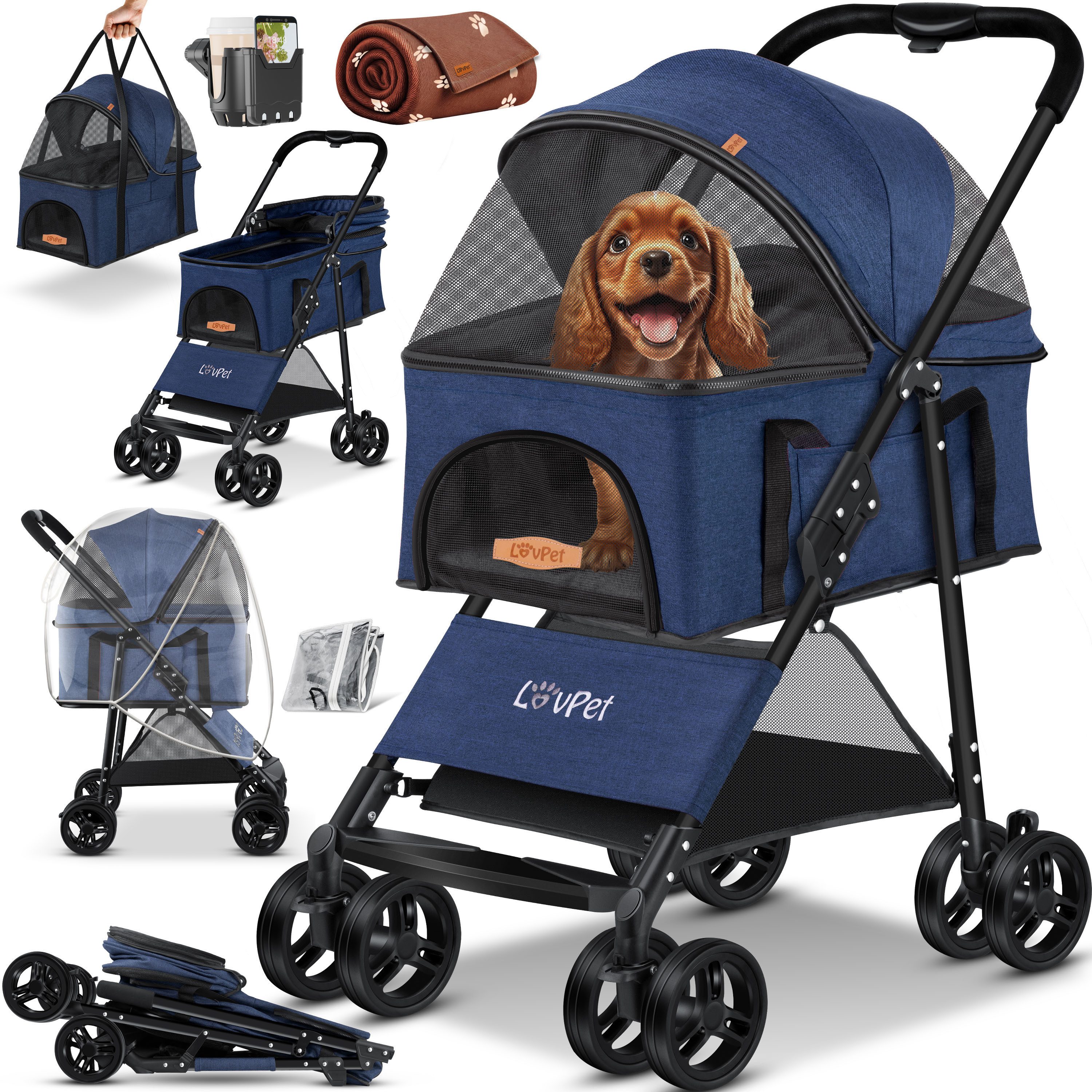 Lovpet Hundebuggy 2in1 Hundewagen max. bis 20kg Buggy für Haustiere, (Hundebox & Tasche mit Regenschutzabdeckung Getränkehalter Kuscheldecke), Haustier- & Katzenbuggy faltbar & klappbar mit Netzfenster
