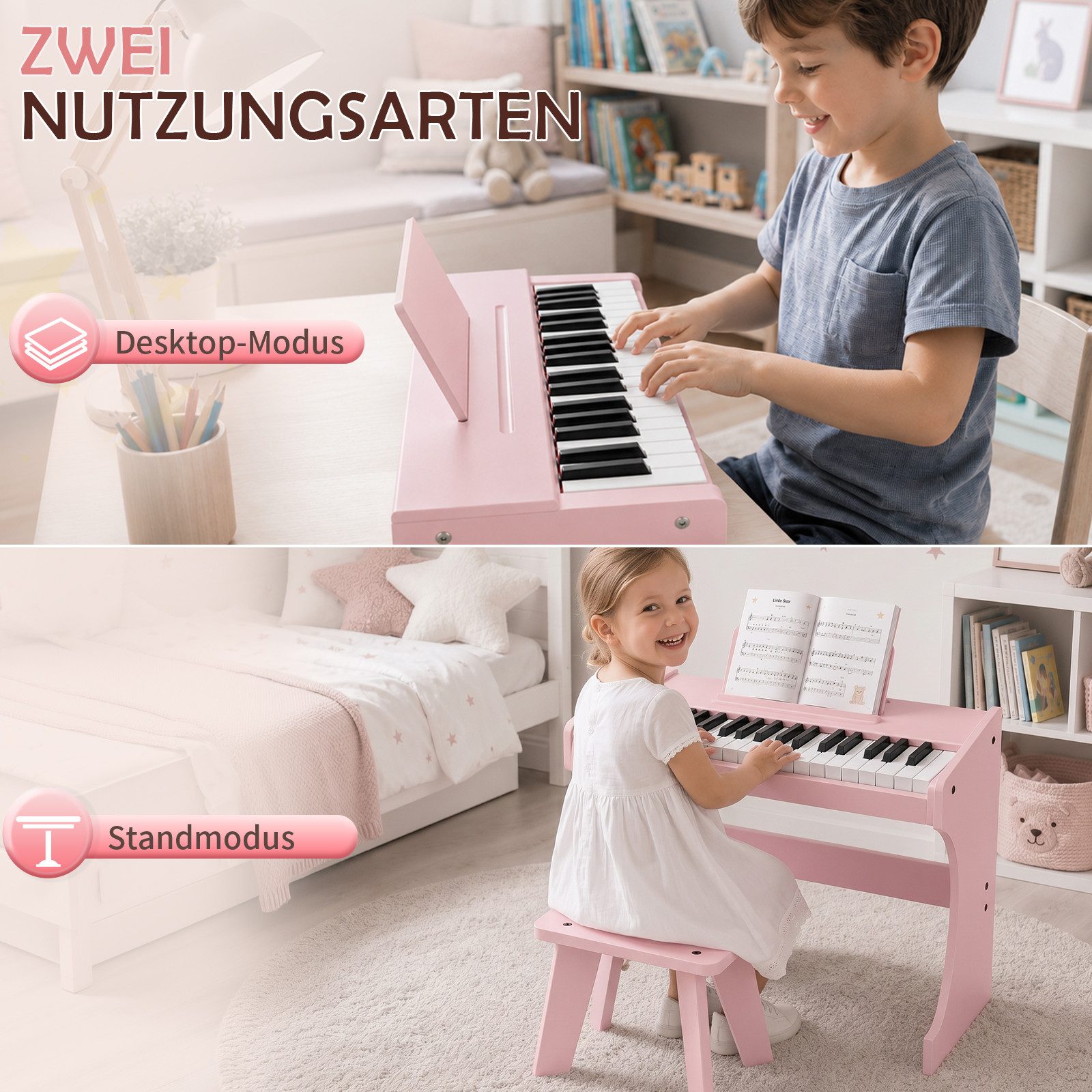 LALAHO Digitalpiano Kinder E-Piano 37 Tasten Kinder Klavier Komplett Set, Kinder-Keyboard,Kinderklavier aus Holz für ab 3 Jahren – Bild 5 von 5
