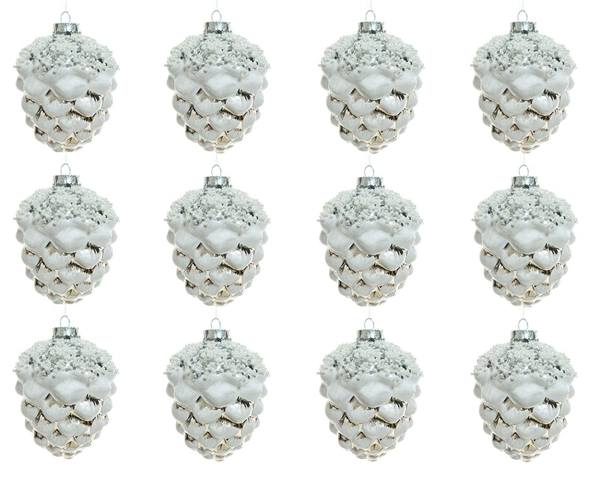 Kaemingk Christbaumschmuck, Christbaumschmuck Glas Zapfen 8cm weiß 12er Set