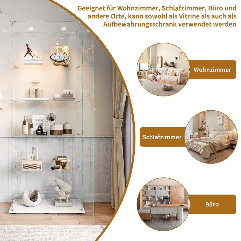 Simurq Glasvitrine Standvitrinen mit LED-Beleuchtung, Modern Glas Vitrinenschrank (1-St,Glas Vitrine mit 2 Glastür und 5 Lagen,Standvitrine mit Schloss) Modern  – Bild 5 von 5