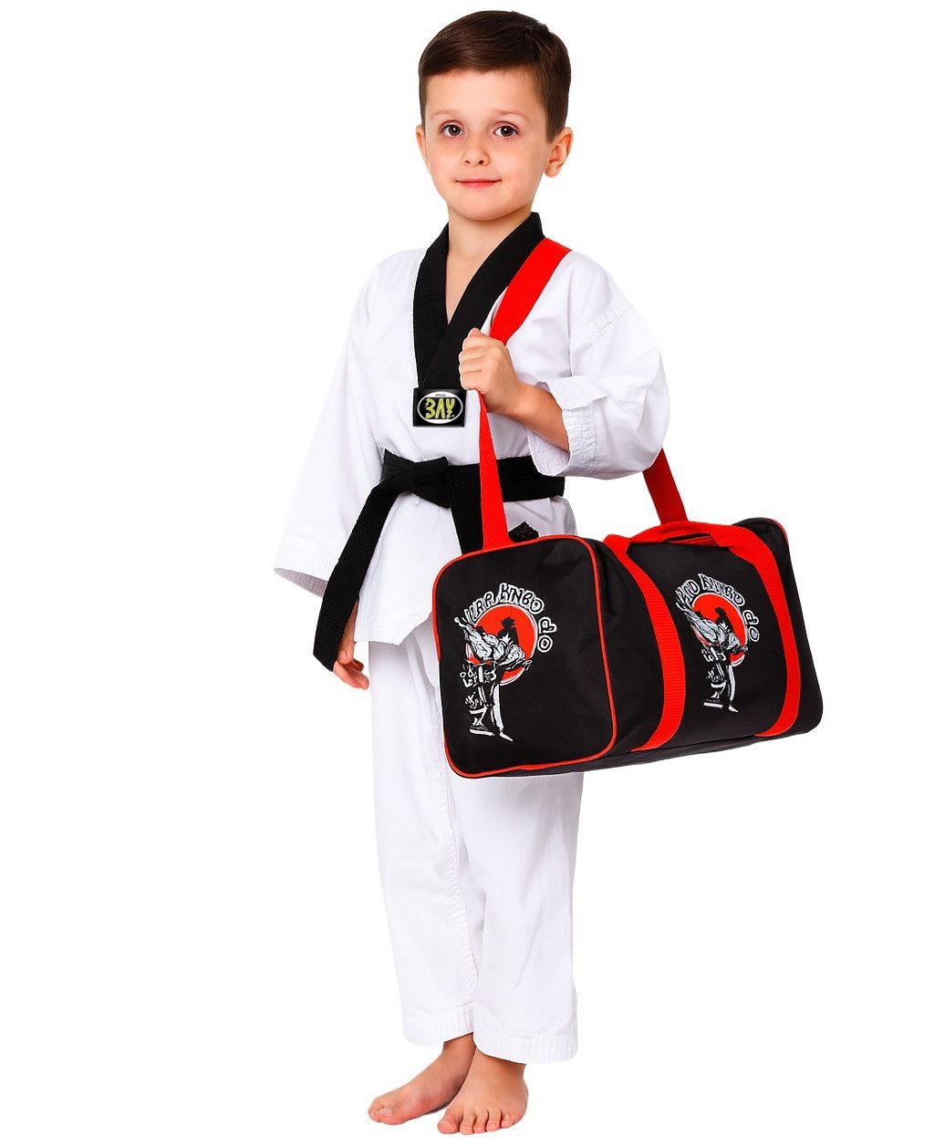 BAY-Sports Freizeittasche Sporttasche für Kinder Motiv Druck Taekwondo bedruckt Trainingstasche (Stück, schwarz), aufgewecktes Design 50 x 25 x 28 cm geräumiges Hauptfach Schultergurt