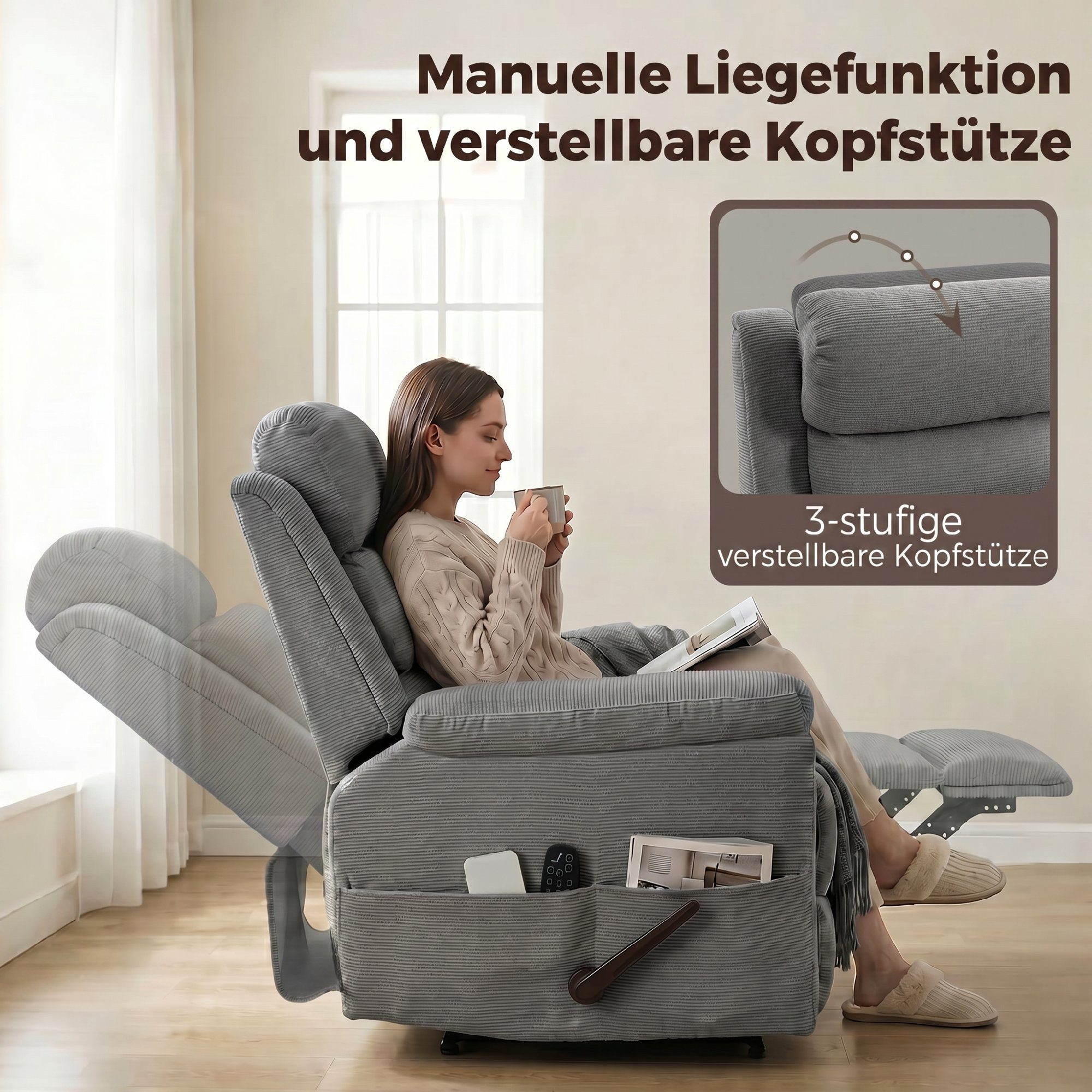 HOMCOM Massagesessel Relaxsessel Fernsehsessel mit Liegefunktion und Seitentasche (TV-Sessel, 1-St., Ruhesessel), mit Chenille-Optik, Grau – Bild 5 von 5