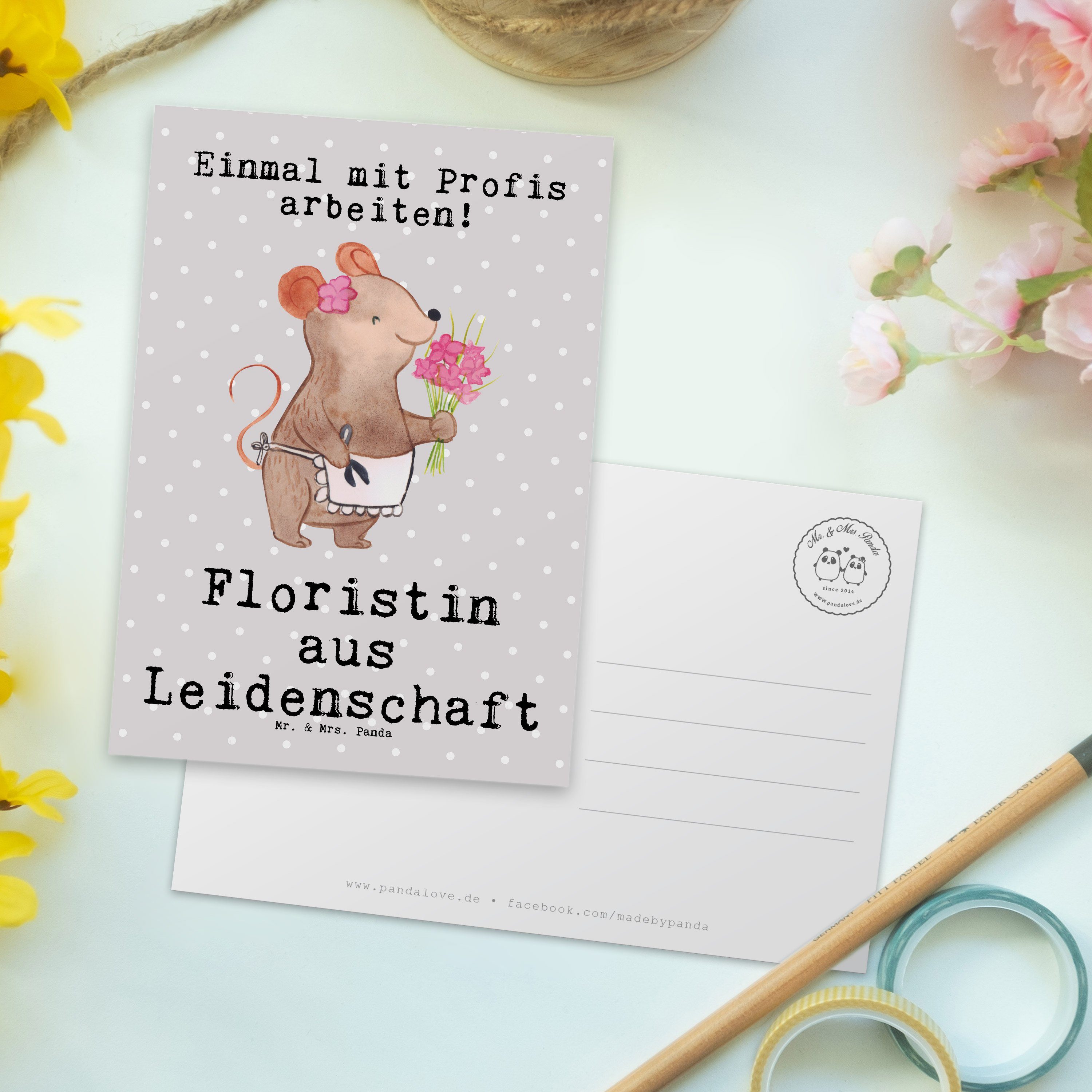 - Mrs. Leidenschaft Geschenk, - aus & Postkarte Blumenpr Grau Firma, Pastell Floristin Mr. Panda