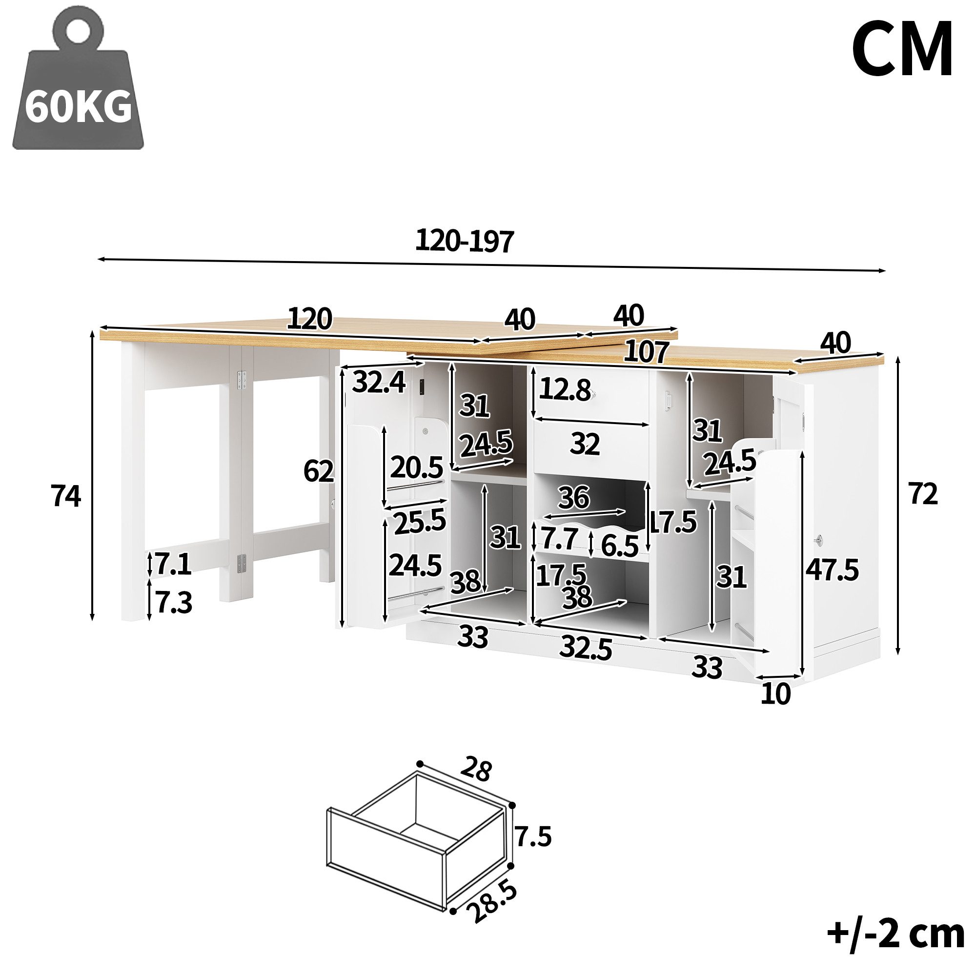 Celya Kücheninsel Ausziehbarer Esstisch 120-197cm, mit Weinregal und Snack-Regalen, (360° drehbar, mit 2 Schubladen und magnetische Türen), Ideal für Esszimmer, belastbar bis 60kg