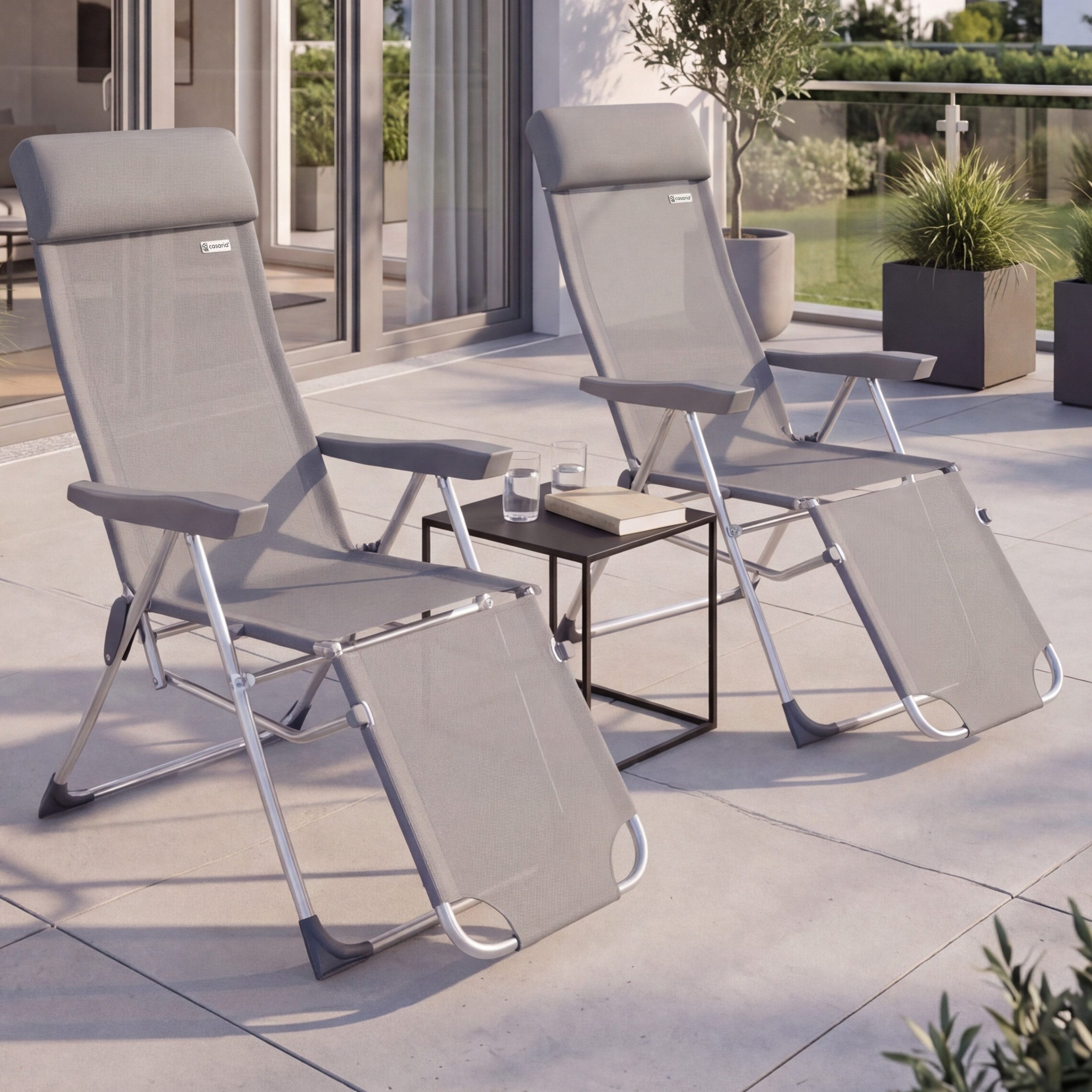 Casaria Gartenstuhl (2 St), 2er Set Hochlehner 6fach Verstellbar Liegefunktion Alu Klappbar Grau