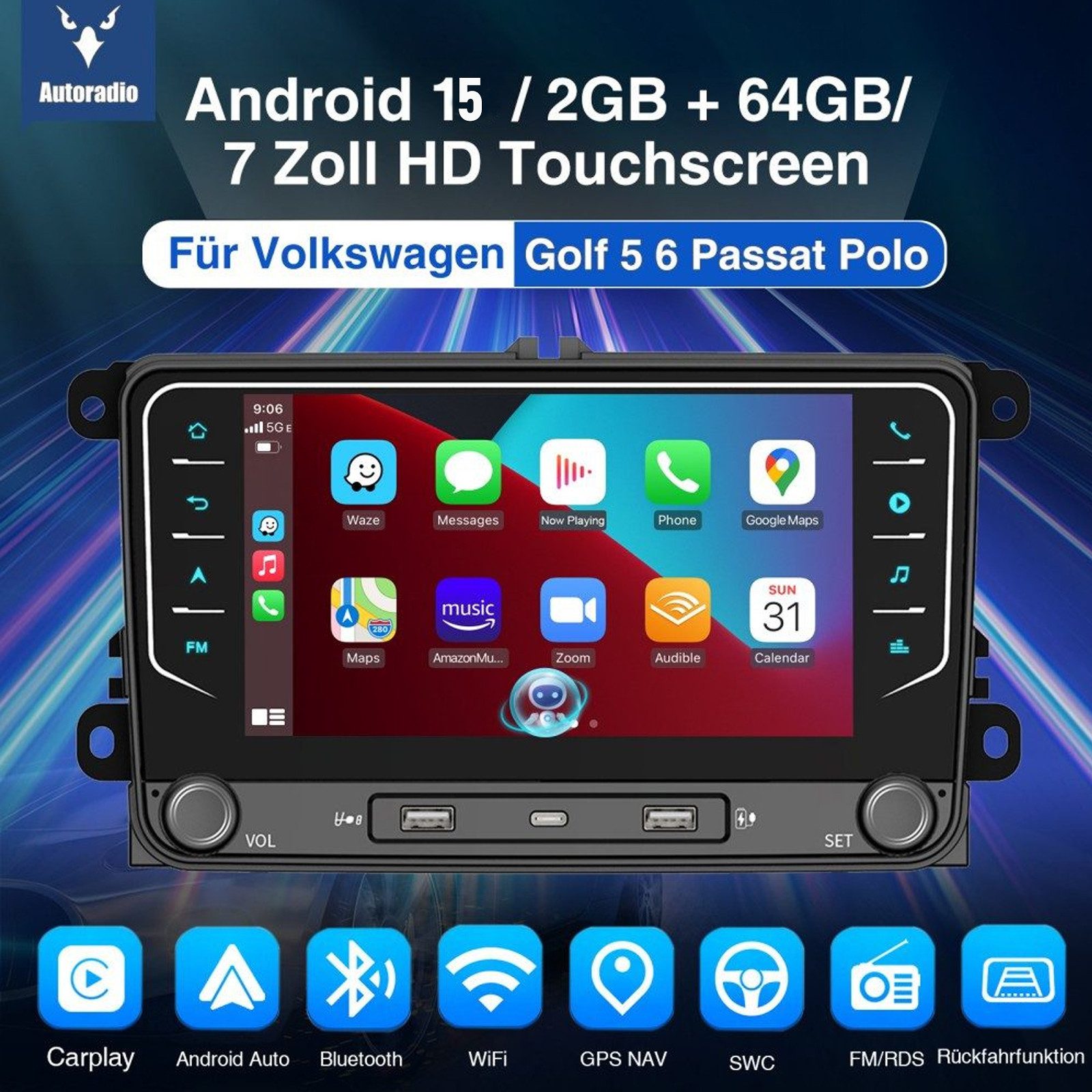 ESSGOO 7" Android 15 Für VW GOLF 5 6 Touran EOS Tiguan Polo 6R Passat Caddy Autoradio (RDS, 4+64G(optional), DAB (optional), FM, DAB+ (optional), Carplay Android Auto DAB (optional), RDS, FM, 4+64GB, SWC, GPS NAVI)