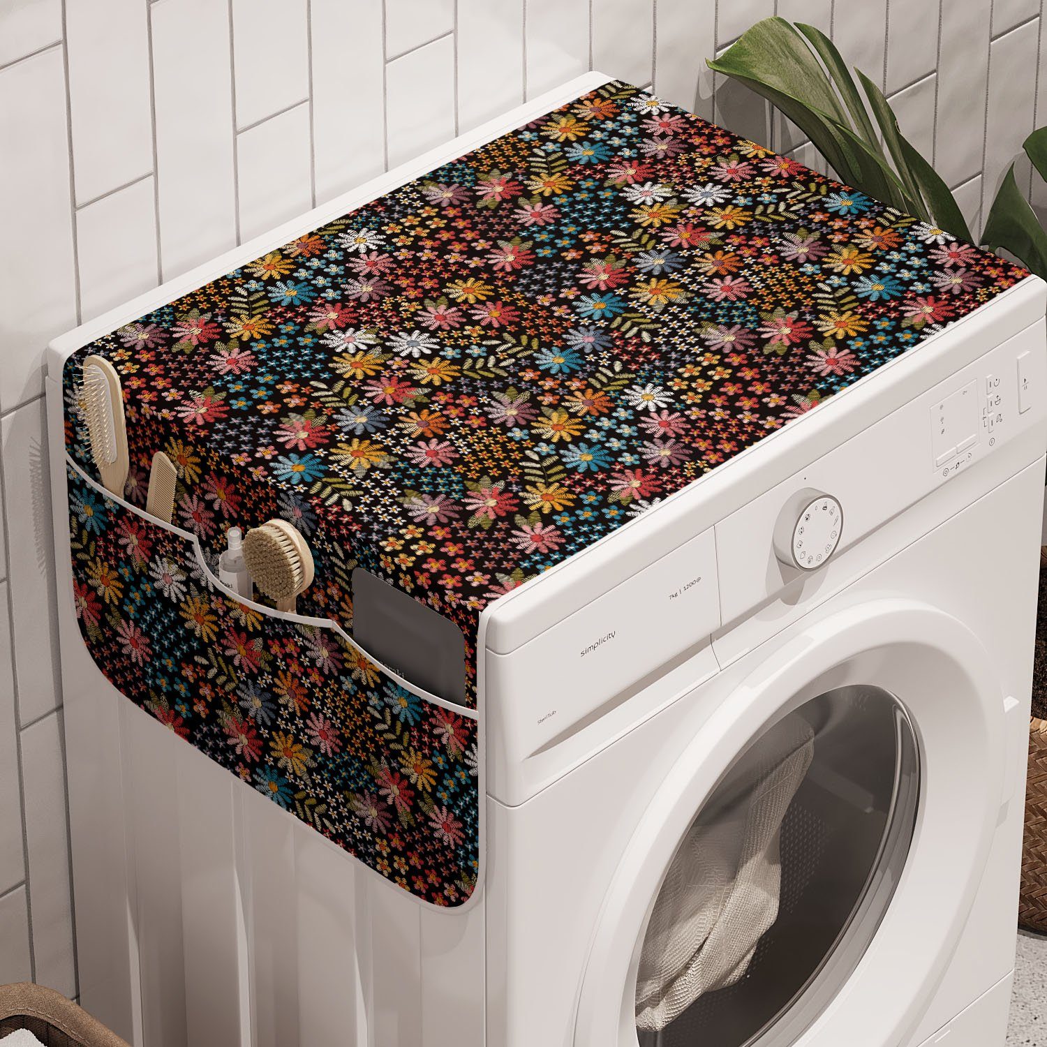Abakuhaus Badorganizer Anti-Rutsch-Stoffabdeckung für Waschmaschine und Trockner, Blumen Nostalgische Blumen Blätter