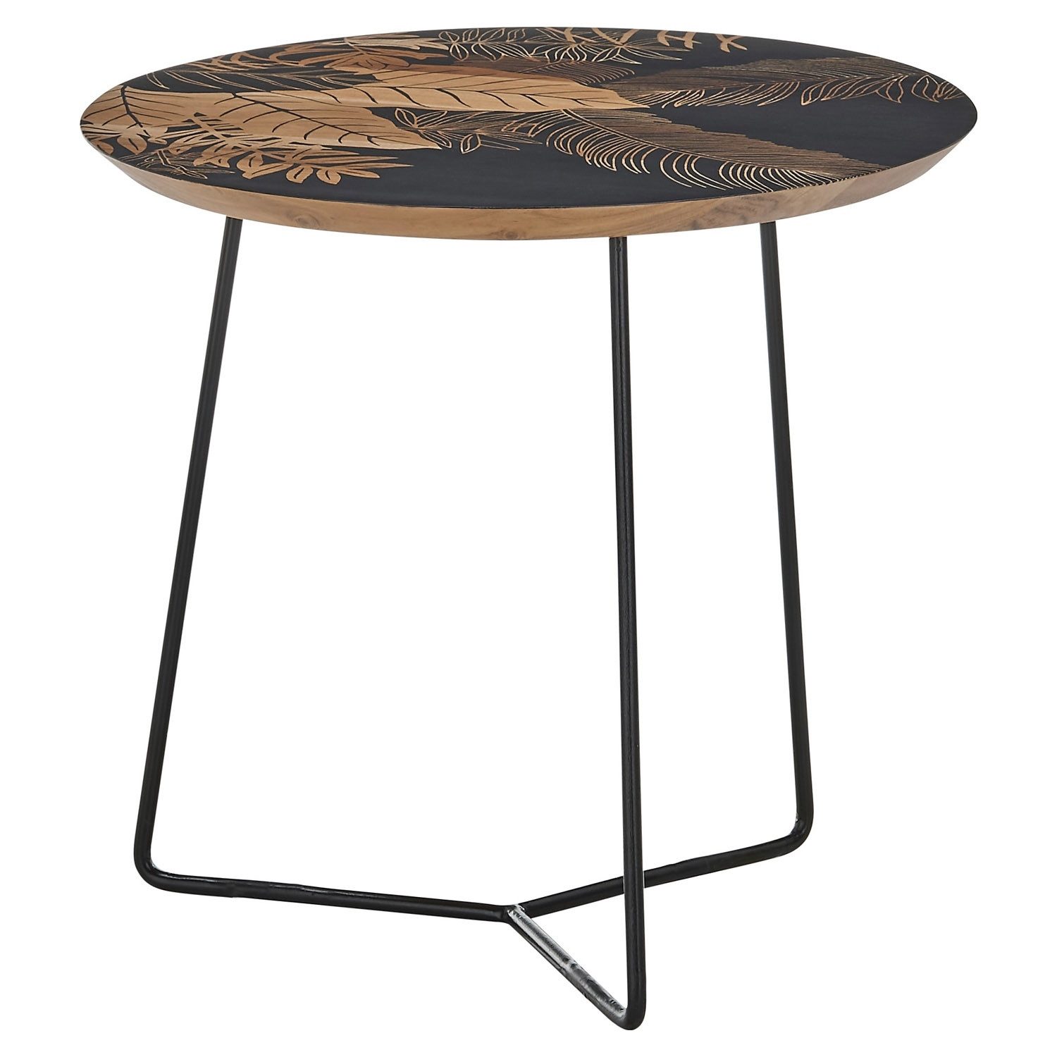MCA furniture Beistelltisch MIRANDELA, Ø 55 x H 50 cm, Braun, Schwarz, Mangoholz massiv, Metallgestell, Motivdruck