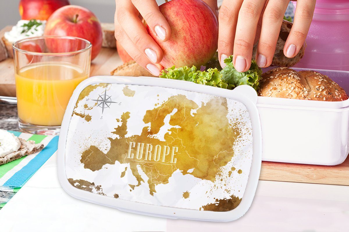 Mädchen und (2-tlg), Erwachsene, Jungs MuchoWow - Brotbox und für weiß Kunststoff, Brotdose, Kinder Weltkarten Lunchbox für Gold, Europa -
