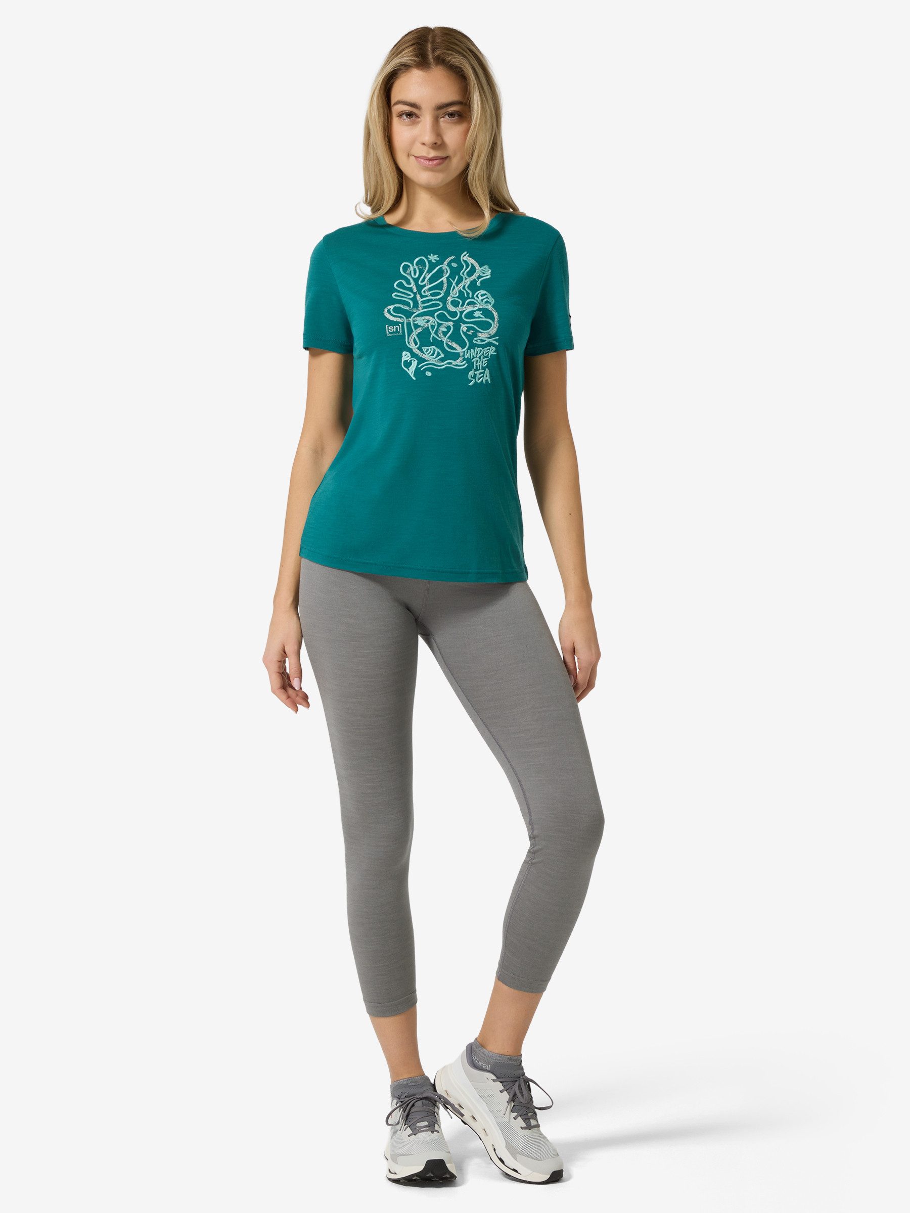 SUPER.NATURAL T-Shirt für Damen,Merino W UNDER THE SEA TEE mit Sommer-Motiv, atmungsaktiv