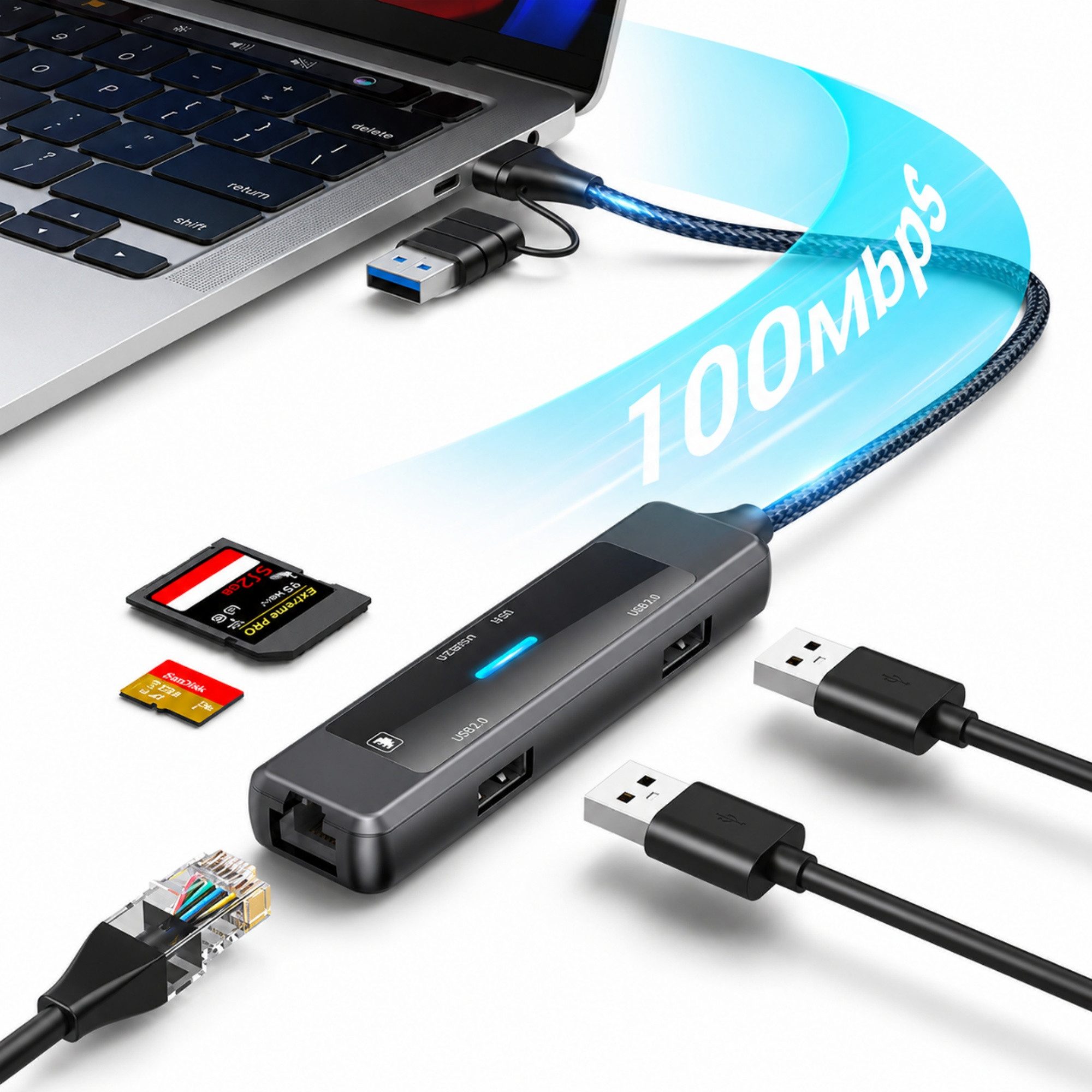 ibettertec 5-in-1 USB 3.0 Hub mit RJ45 Ethernet Adapter, USB-A & USB-C, SD/TF USB-Adapter Kartenleser, 100 Mbit/s, kompakter Multiport Adapter für Laptop zu Tablet & Smartphone