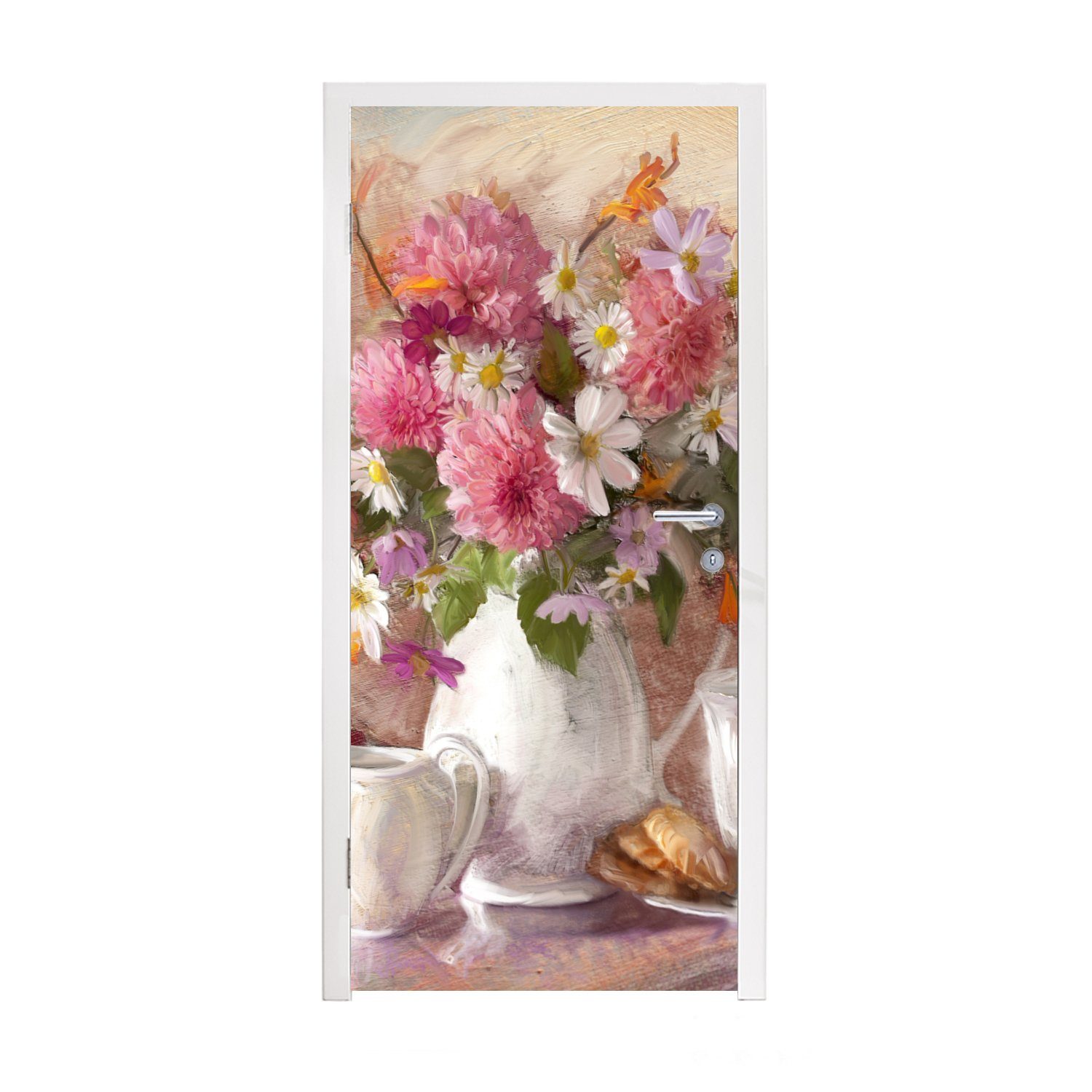- Gemälde 75x205 - Türtapete St), MuchoWow (1 Fototapete Ölfarbe, Blumen - Matt, Türaufkleber, bedruckt, Vase Tür, cm für