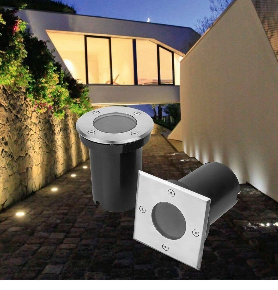 LETGOSPT LED Einbaustrahler LED Bodeneinbaustrahler, GU10 Bodeneinbauleuchte für Außen, LED wechselbar, Bodenlampe Außen, bis zu 2000 kg belastbar, Edelstahl rund/quadrat Rund mit GU10 Glühbirne