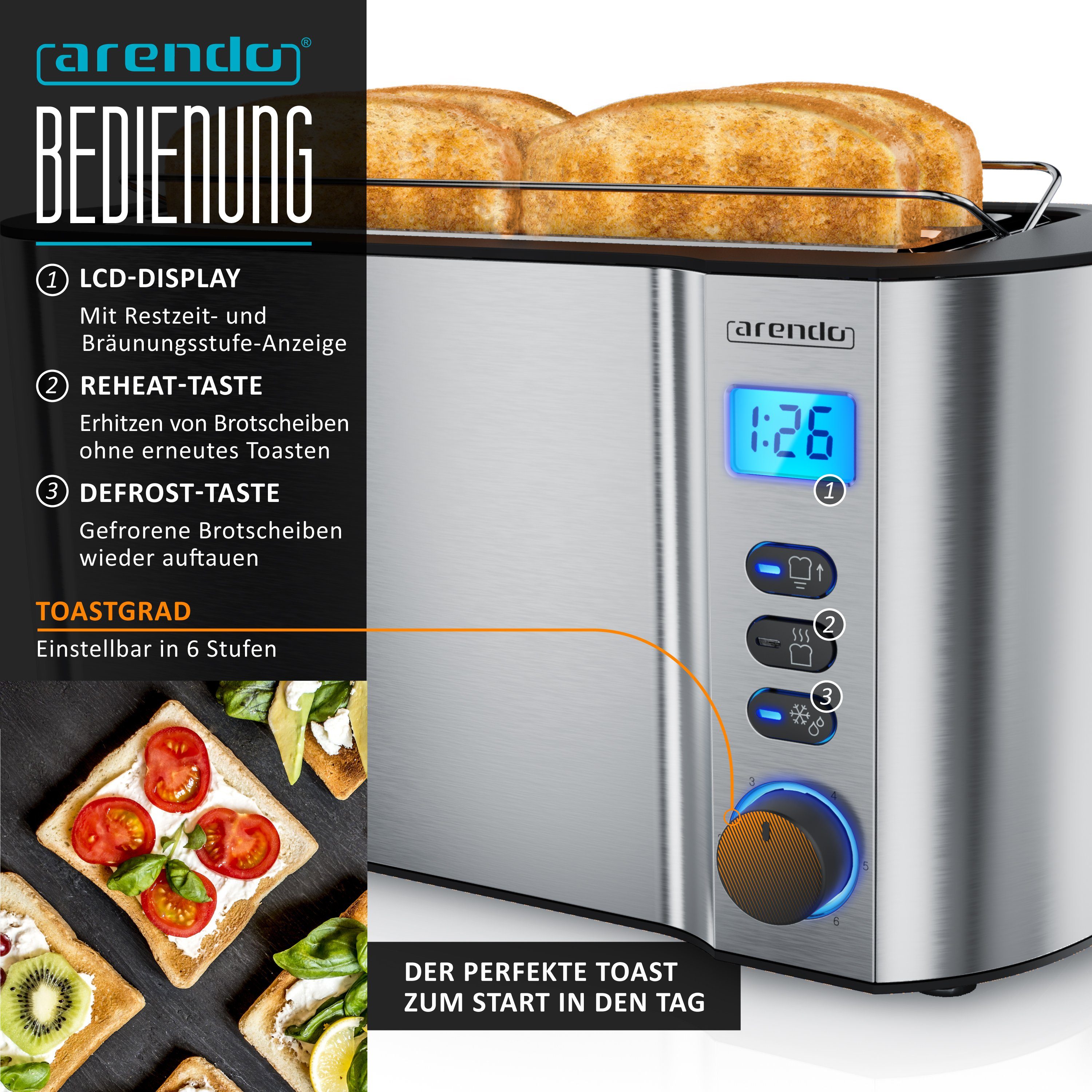 Arendo Frühstücks-Set Wasserkocher 1,5l, 4-Scheiben Toaster, 7er Eierkocher, Silber (3-tlg), Edelstahl, BPA-frei, GS-geprüfte Sicherheit, fürs Familienfrühstück – Bild 5 von 5