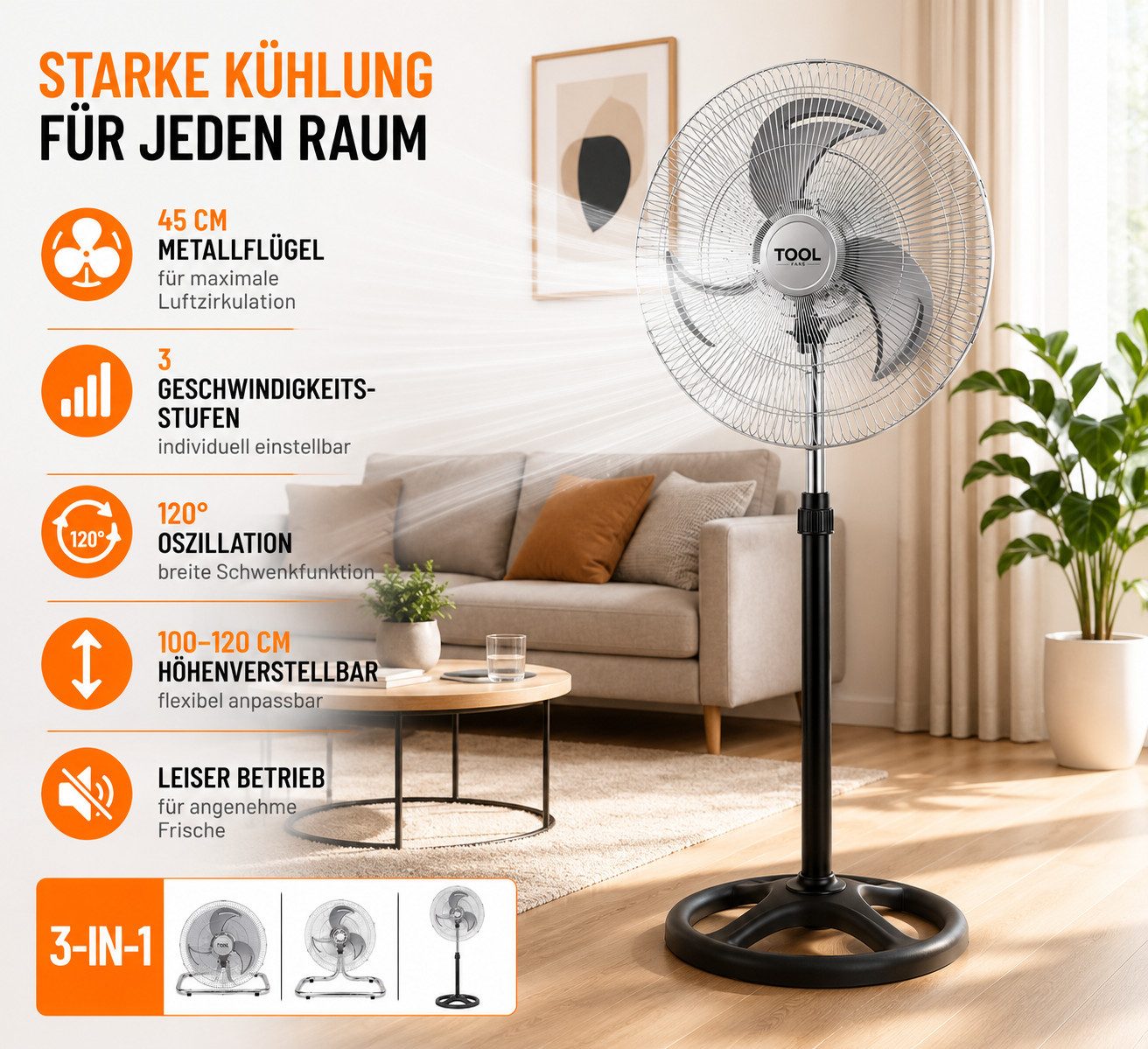 Ertex Standventilator Standventilator 3 in 1 Luftkühler 50W Leise 45 cm Ventilator