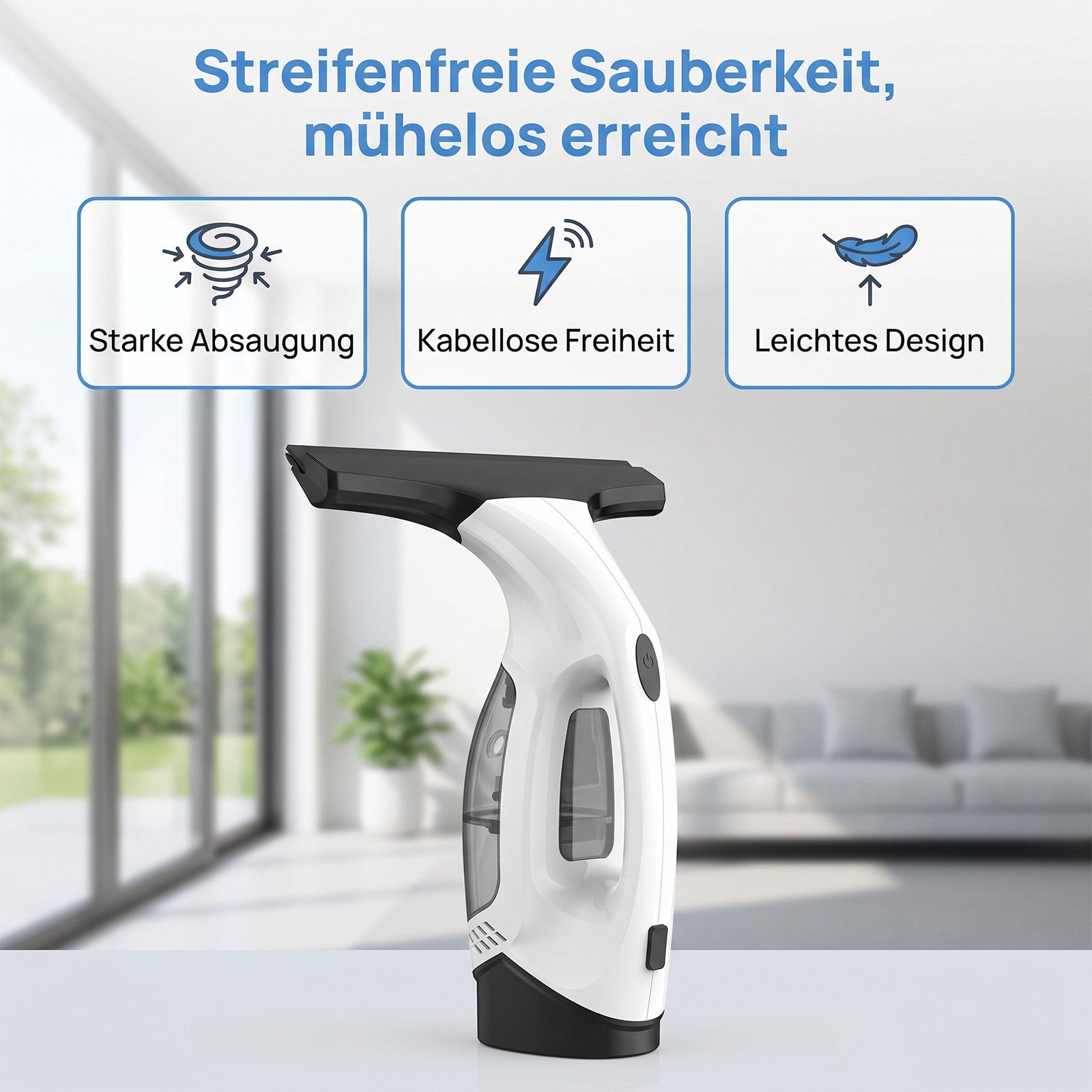 AKKEE Akku-Fenstersauger Kabelloser Fenstersauger Set 40 Min Laufzeit 2 Reinigungstücher, wiederaufladbarer Fensterabzieher für Glastüren, Fenster, Autoglas