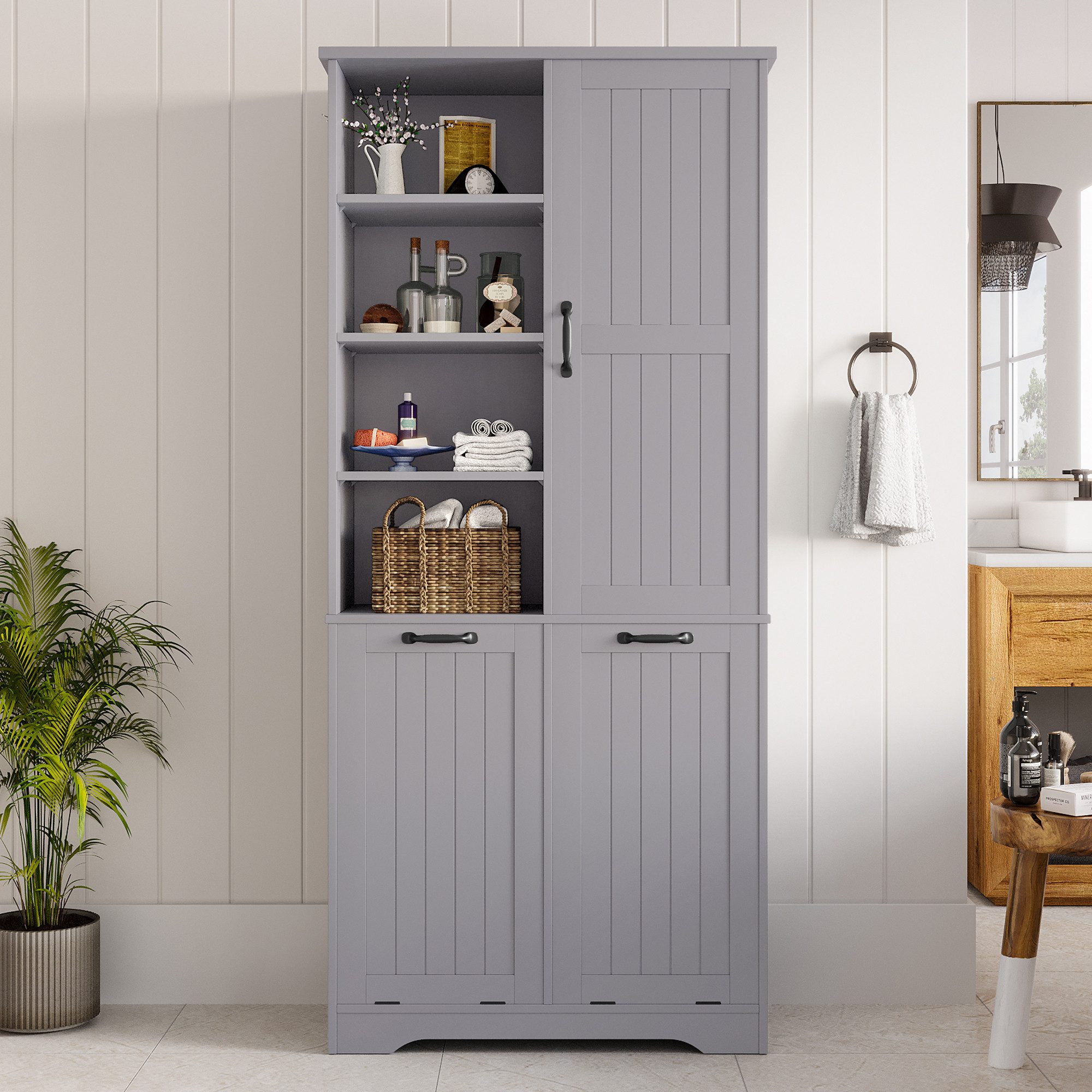 Flieks Badkommode Badezimmerschrank mit doppelter Wäschekorb und 7 Fächern (B78/T35/H172,7 cm, 1 St., Wäscheschrank mit verstellbaren Einlegeböden, Volllackierung), Hochschrank mit 2 Klappen feuchtigkeitsbeständig Holzschrank Grau