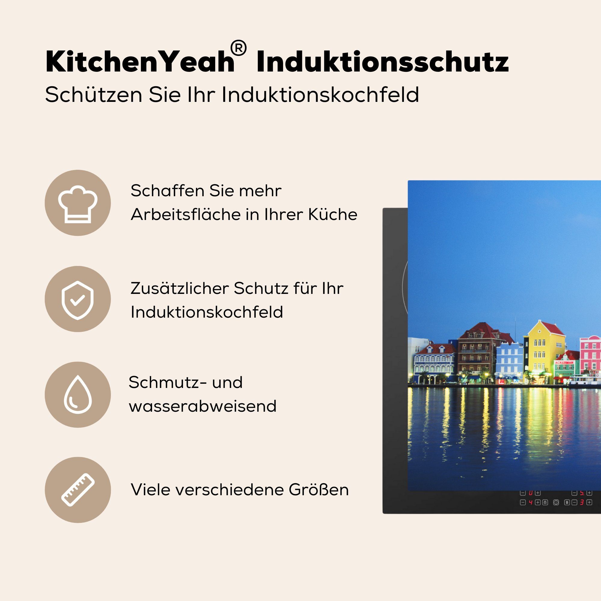 MuchoWow Herdblende-/Abdeckplatte Curaçao - (1 küche, Vinyl, 81x52 tlg), für Skyline, Häuser die cm, Induktionskochfeld Ceranfeldabdeckung - Schutz