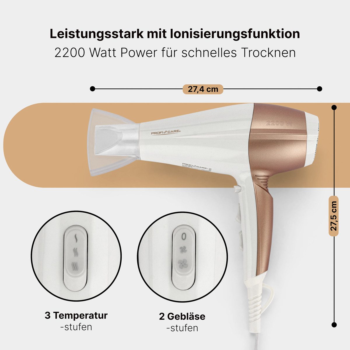 ProfiCare Haartrockner PC-HT 3010, Ionisierungsfunktion, 2200 Watt, 3 Stufen