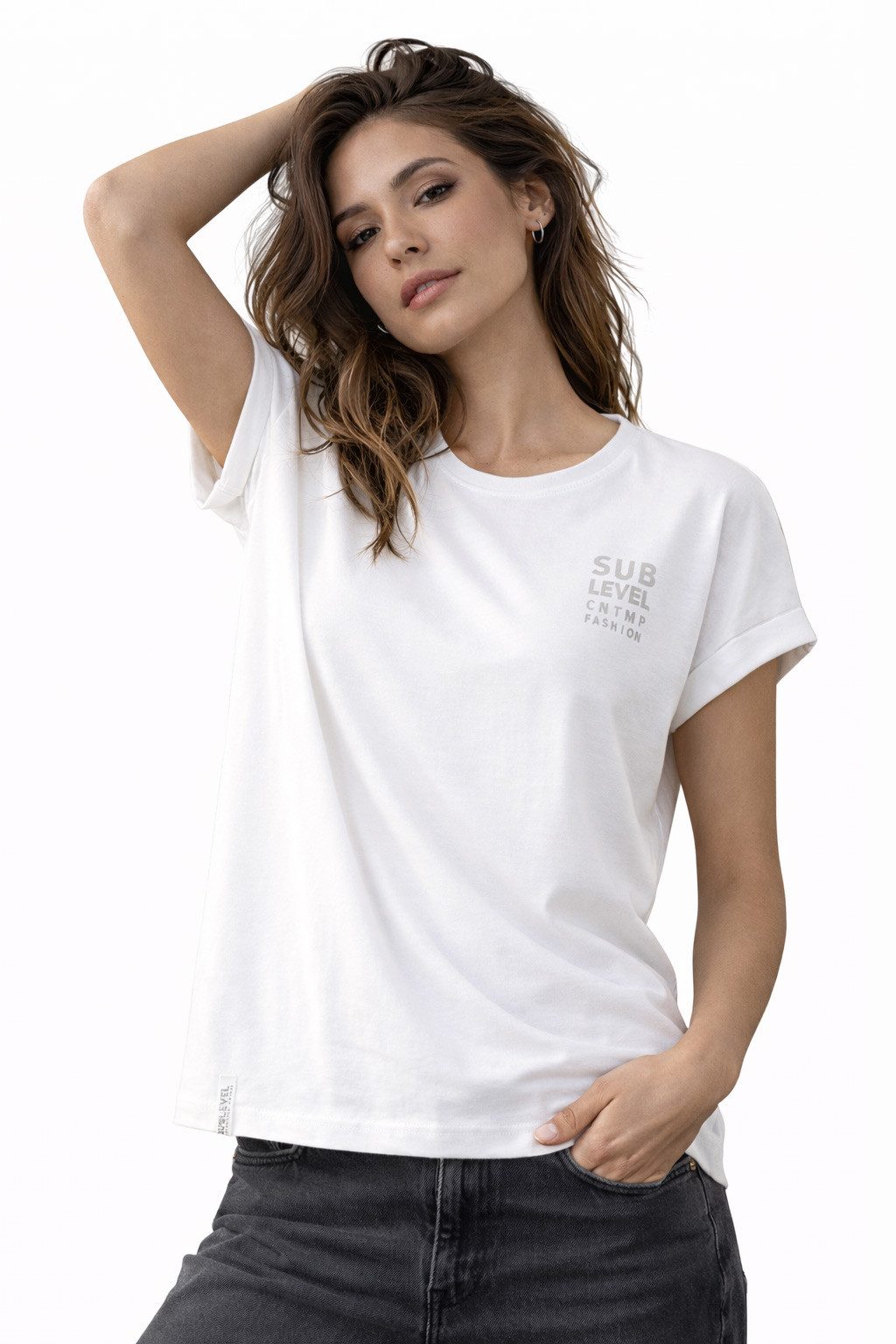 SUBLEVEL T-Shirt Damen Shirt Turn-Up Ärmel Weiches Basic Shirt Rundhals Kurzarm Baunwolle Modal Mix, super soft, unifarben, markenlogo