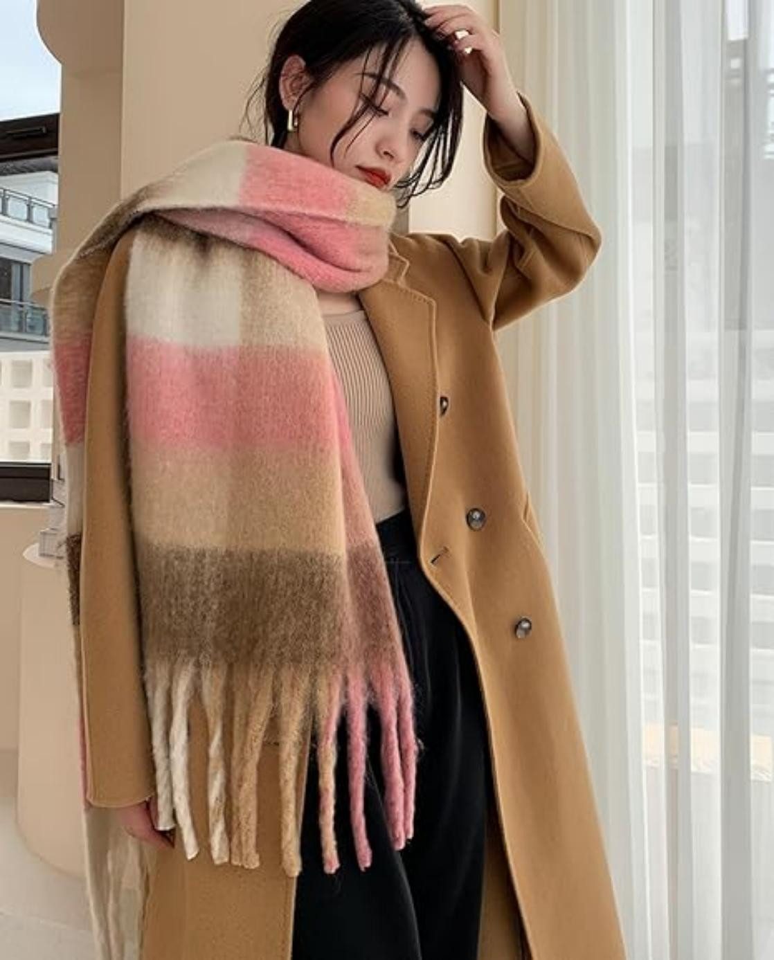 Coonoor Wollschal Damen Schal,kuschelweich Karo,Winter Schal Poncho Qualität mit Fransen – Bild 2 von 5