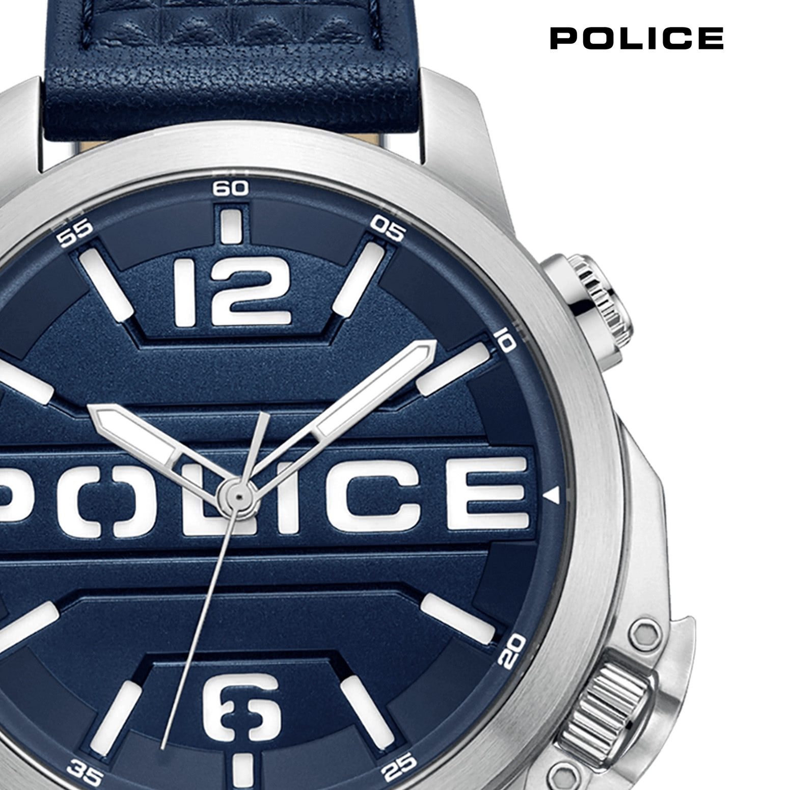 Police Quarzuhr Police Herrenuhr Leder dunkelblau, (Analoguhr), Herrenuhr rund, extra groß (ca. 44x52mm) Lederarmband