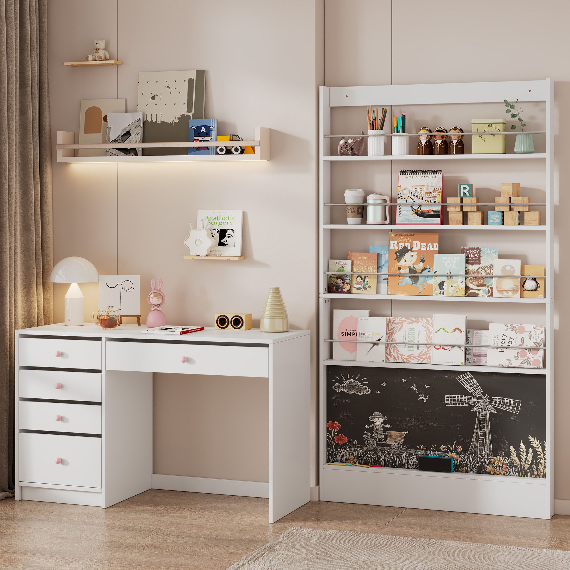 muvano Bücherregal Kinder Bilderbücherregal & Schreibtafel 4-stöfiges Aufbewahrungsregal, ultraflach 10 cm, Kippschutz, hinter der Tür, 100x10x180 cm
