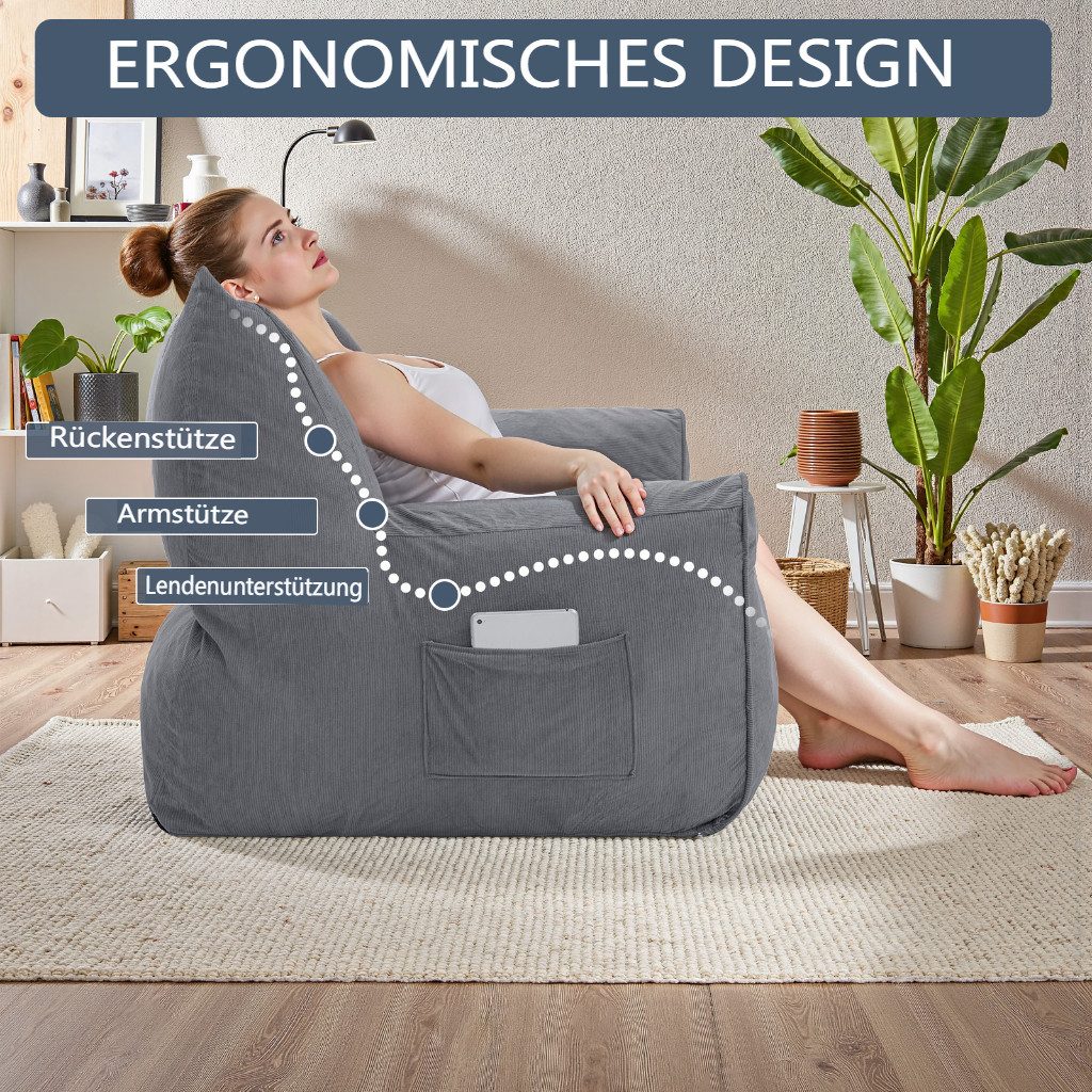 Insma Sitzsack XXL 2-Sitzer Lazy-Sofa Loungesessel 140cm aus Chenille mit Füllung, Relaxsessel Bean Bag mit Rückenlehne für Lesen, Gaming, Wohnzimmer