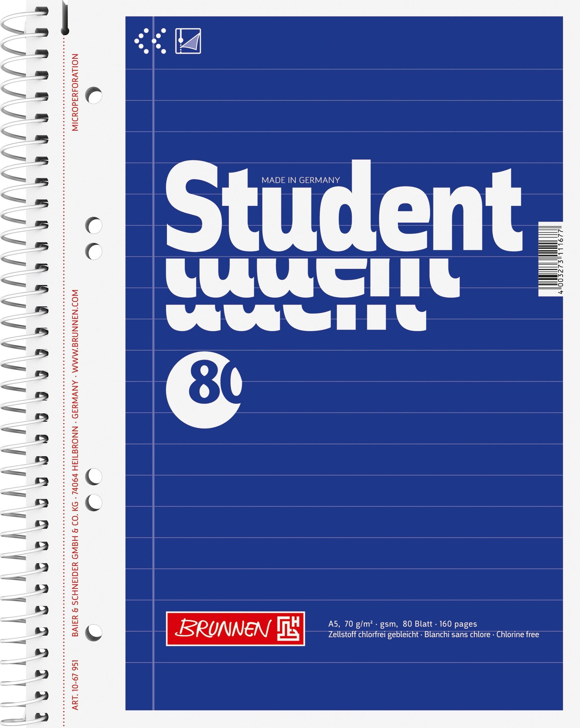 Notizblock BRUNNEN 1067951 Collegeblock Student A5 20-linig Deckblatt: blau