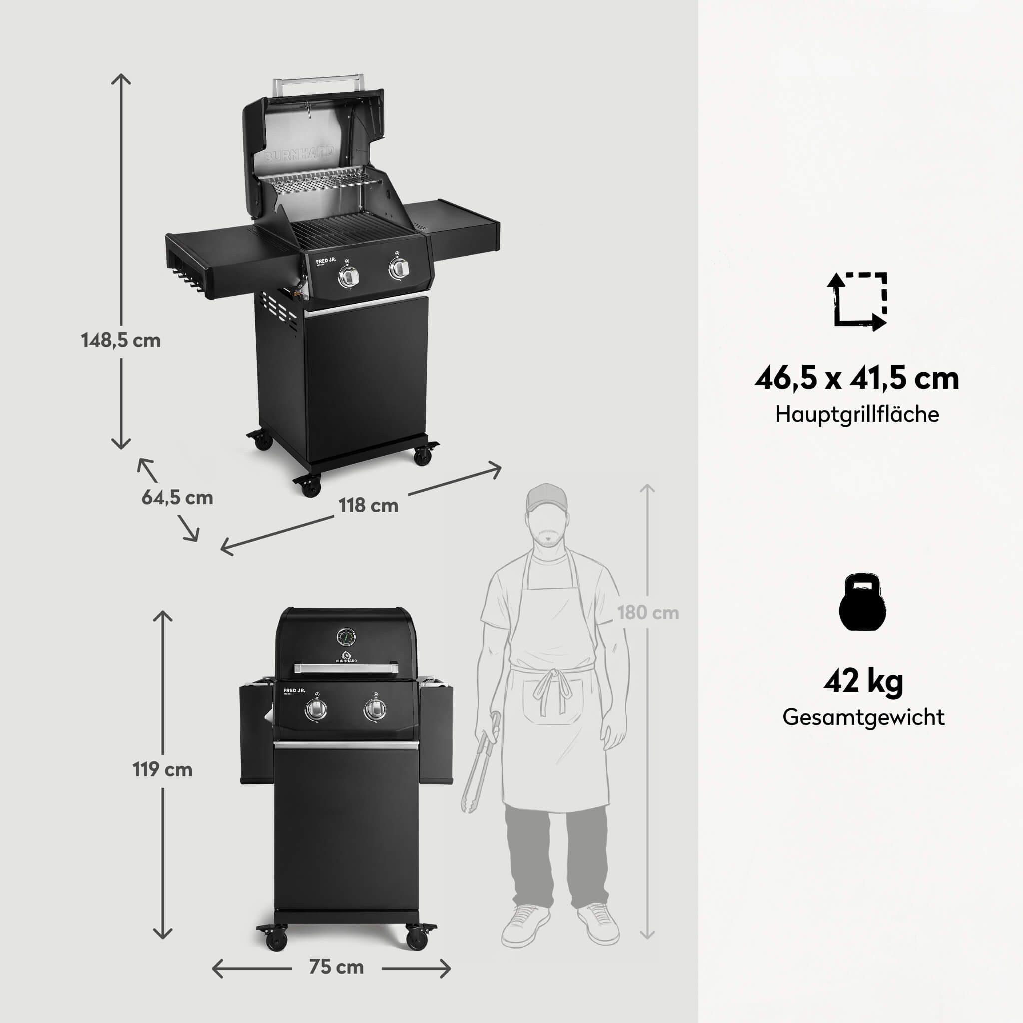 BURNHARD® Gasgrill 2-Brenner, 2x Edelstahl-Stabbrenner, 3,75 kW, Seitentisch, Gussrost, Piezo-Zündung, kompakt, für 5 Personen – FRED Jr. Base