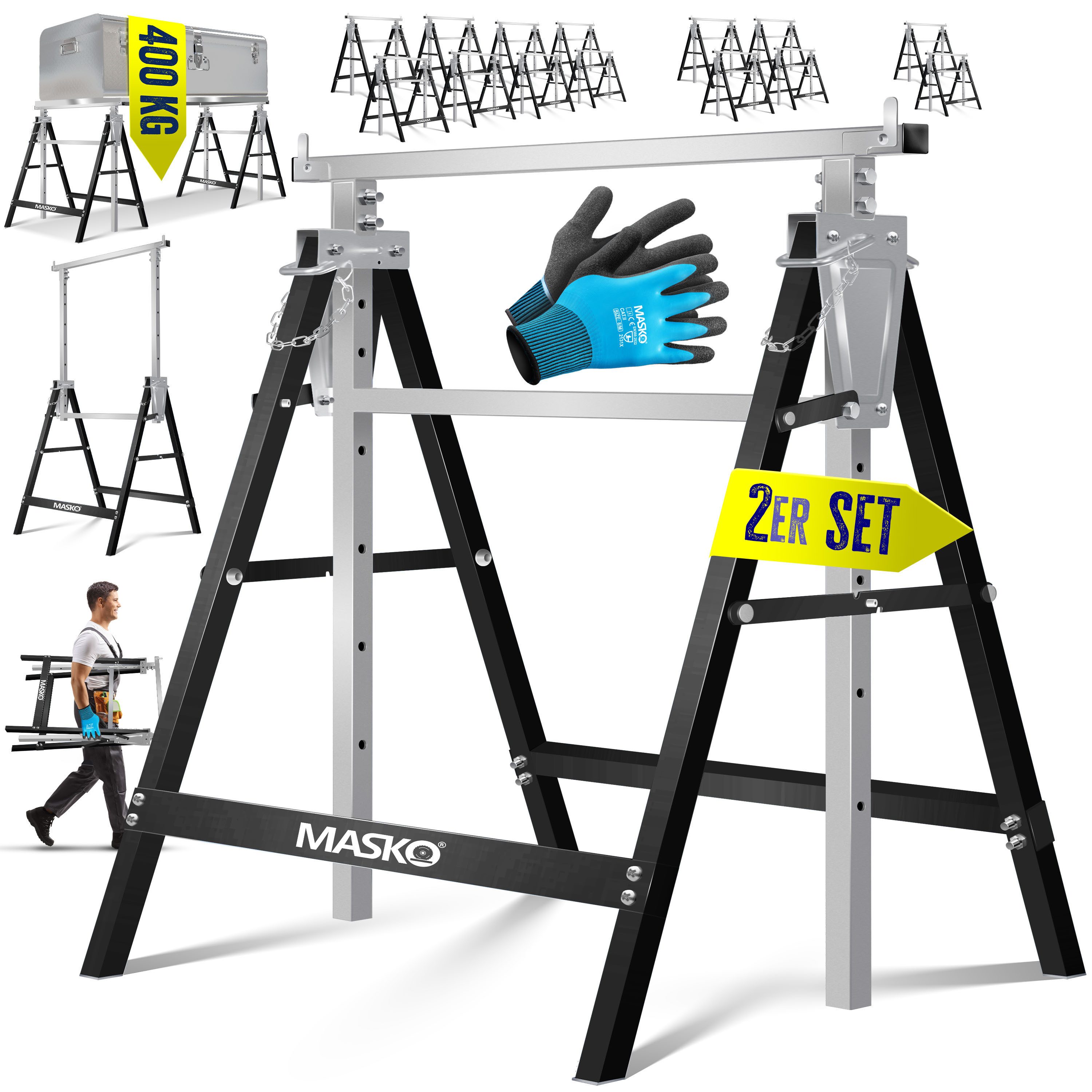 MASKO Klappbock Teleskop-Arbeitsbock Untergestell Sägebock max. Belastbarkeit 200 kg, (2-St., Gerüstbock inkl. Handschuhe), Unterstellbock höhenverstellbar Min. / Max. Arbeitshöhe 800-1300 mm