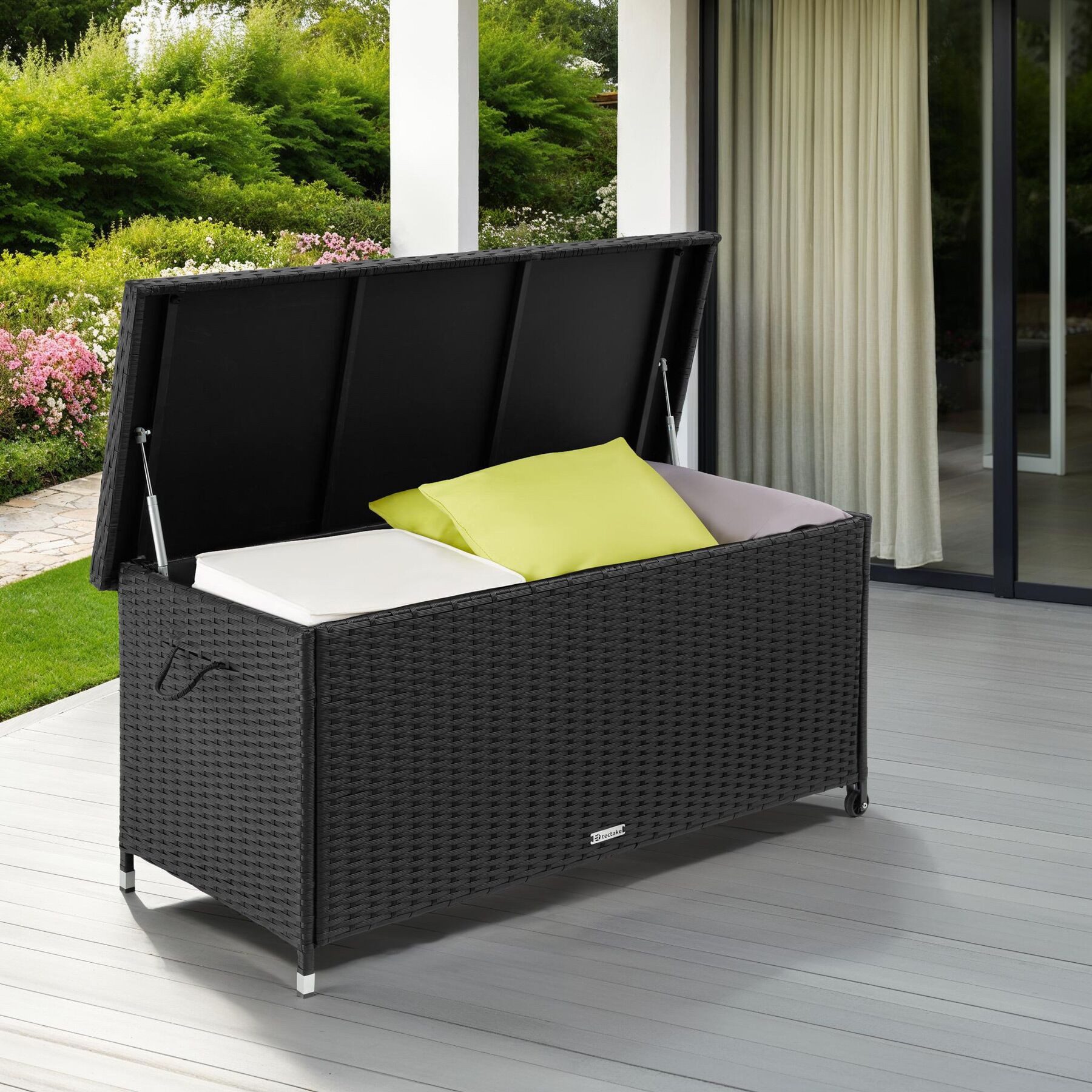 tectake Gartenbox Aluminium Auflagenbox mit Rattangeflecht, 121 x 56 x 60 cm (Kissenbox Kiruna, in schwarz, 270 L), UV-beständig, 2 Rollen, mit Reißverschluss und Zahlenschloss