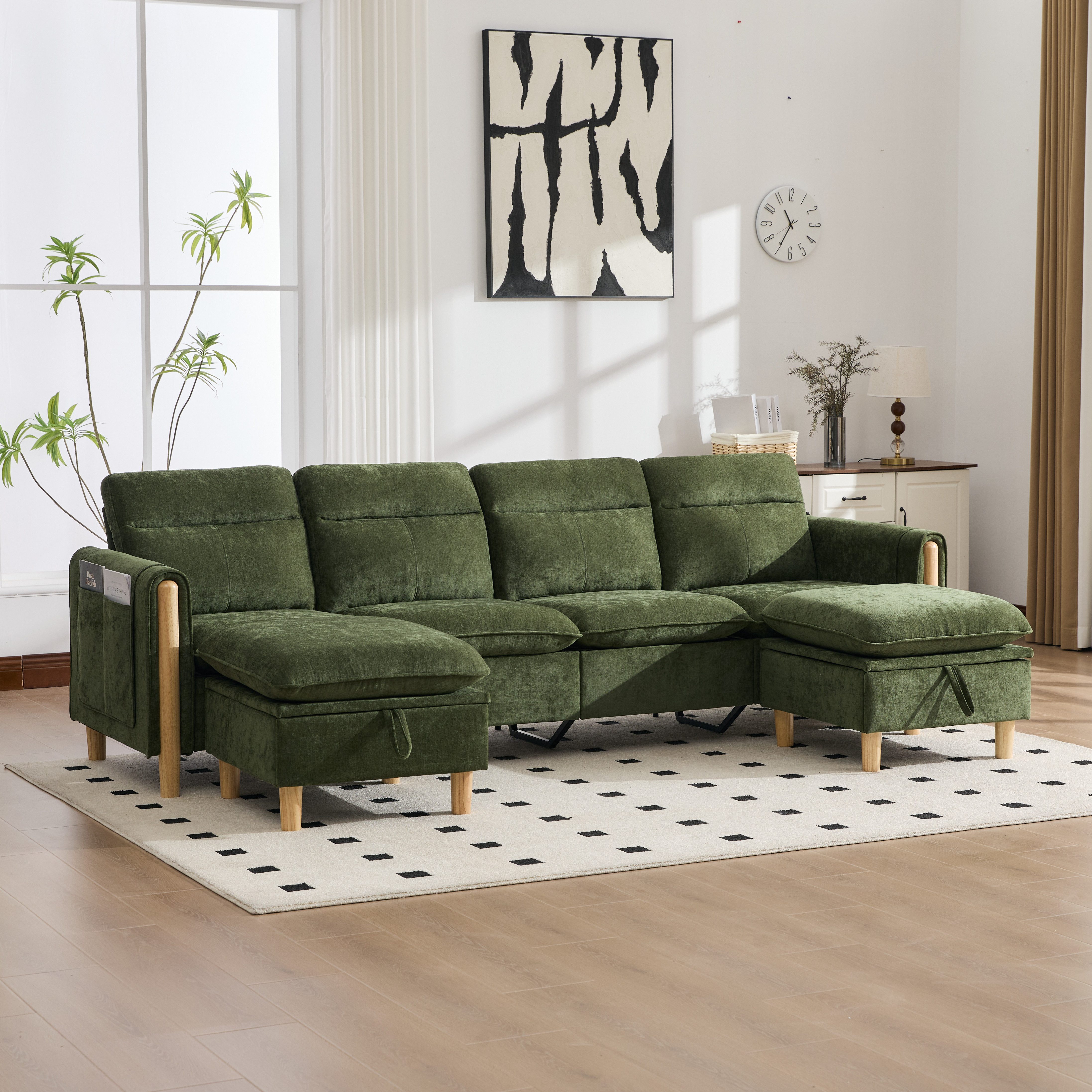HAUSS SPOLE Ecksofa Loungesofa mit zwei Hockern,Vier-Sitzer-Sofa mit Holzbeinen,Grün, L-Form Sofa mit Stauraumhocker,Chaiselongue für Wohnzimmer, Sofagarnitur mit Chenille-Bezug und Tischbeinen aus Holz