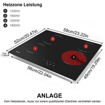 OKWISH Mehrfach-Induktionskochplatte 4 Zonen Einbau Induktionskochfeld Induktion Kochfeld Elektrokochfeld, 9 Heizstufen 6000W ohne Stecker Kindersicherung Touch-Control 59x52cm