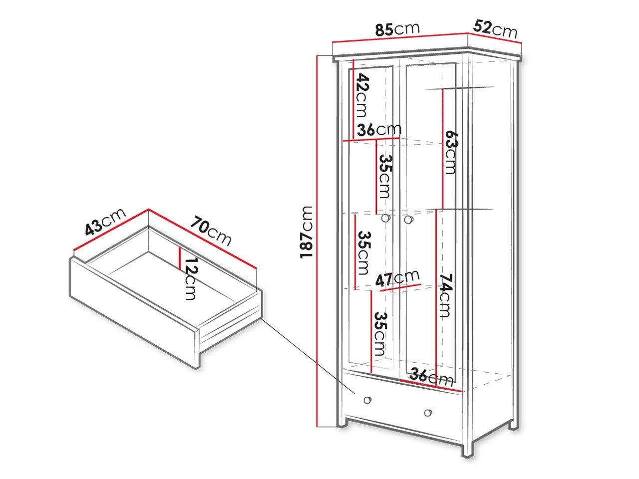 Schublade) Story und (2-Drehtüren 2D1S und Mirjan24 Kleiderschrank Kleiderstange Einlegeplatten SO12