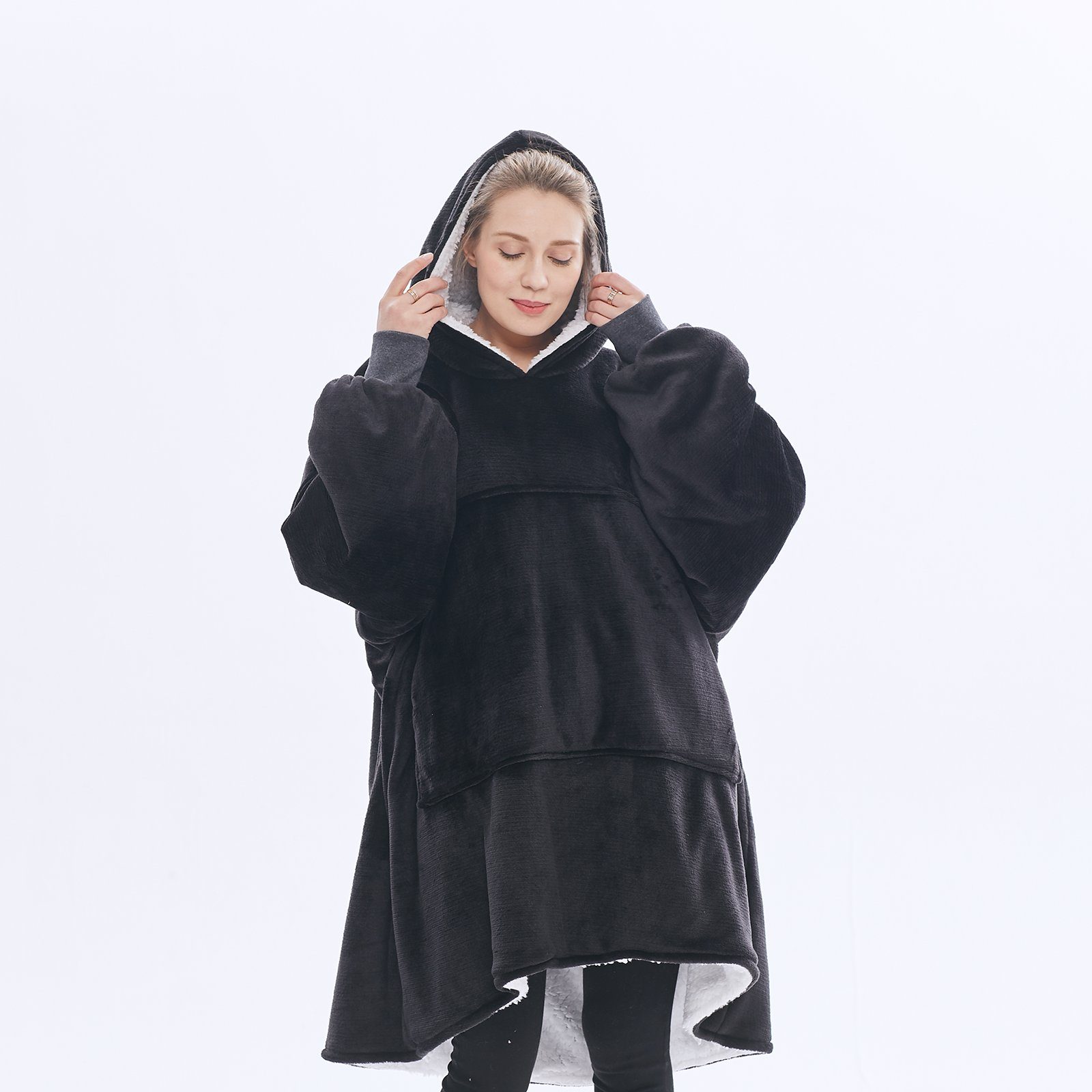 Wohndecke Übergroße Hoodie Fuzzy Blanket, Super weiche, Gemütliche warme, Sunicol, komfortable Riesen-Hoodie, Riesenpullover mit großer Fronttasche Schwarz