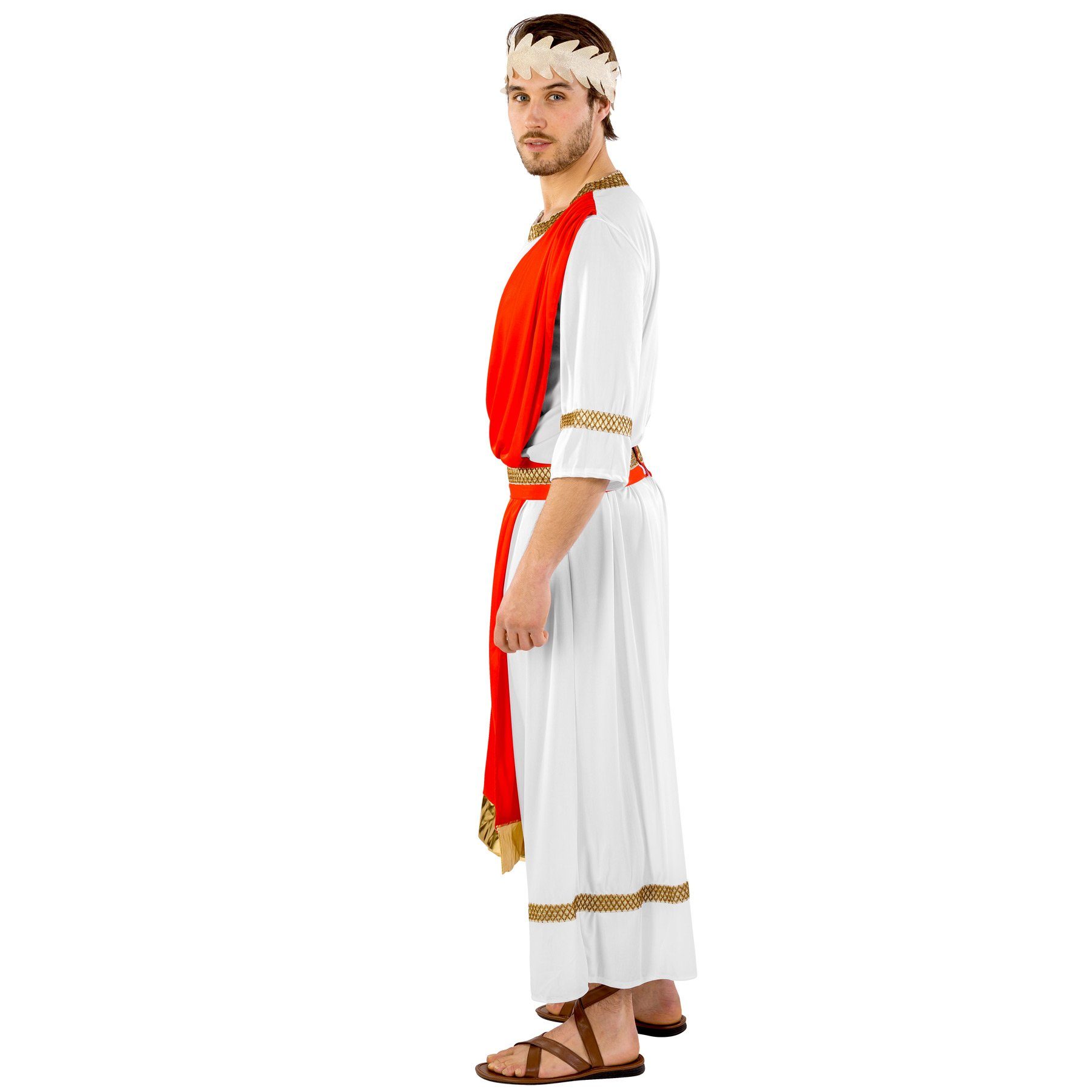 dressforfun Kostüm Römischer Feldherr/Legionär, Konfektionsgröße XL, Ärmeln und Saum, in weiß, Goldenes Lorbeerkranz-Haarband, Goldene Bordüren am Kragen
