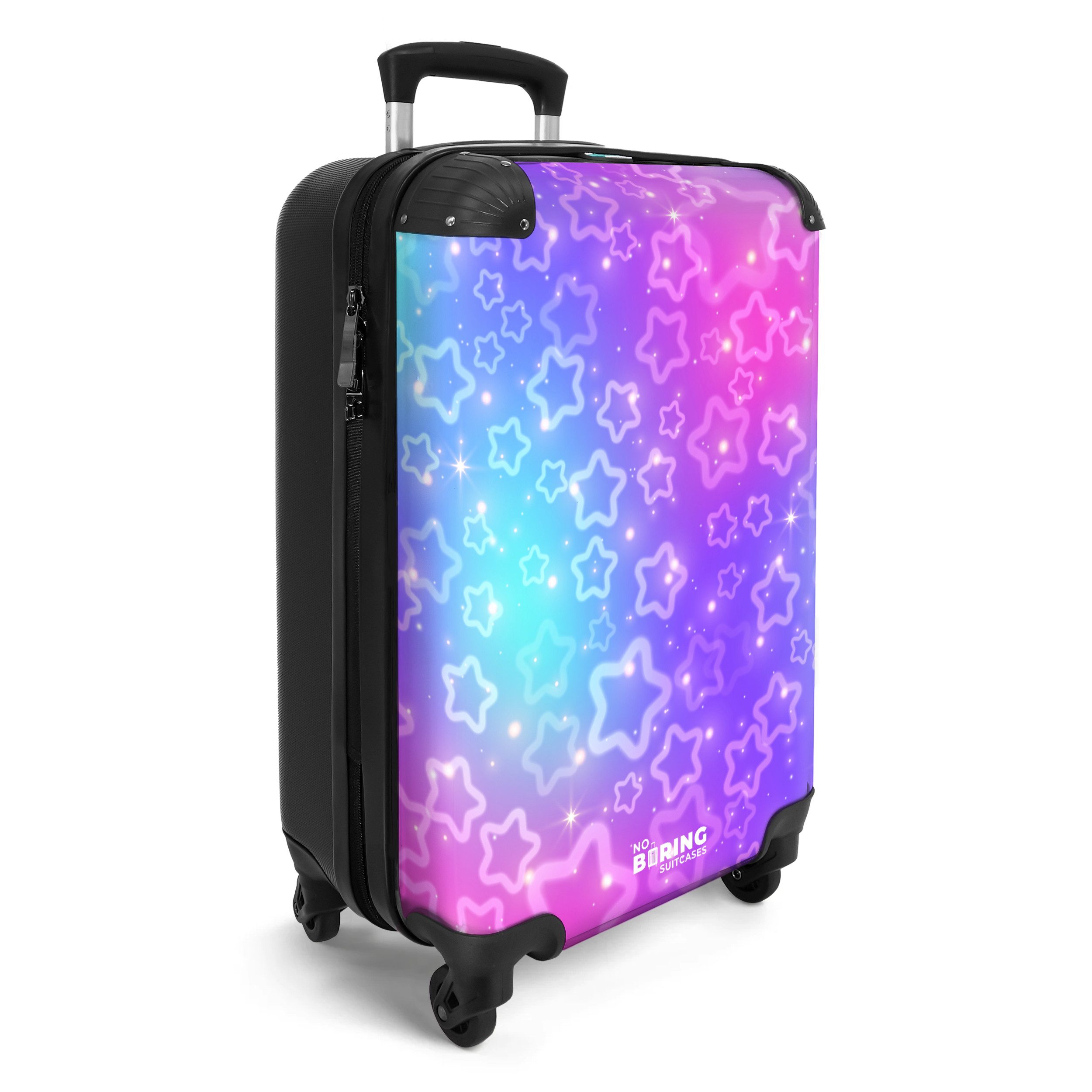 NoBoringSuitcases.com© Kinderkoffer Funkelnde Sterne auf buntem Hintergrund 55x35x20cm, 4 Rollen, Reisetasche mit Rollen, Koffer Handgepäck Flugzeug