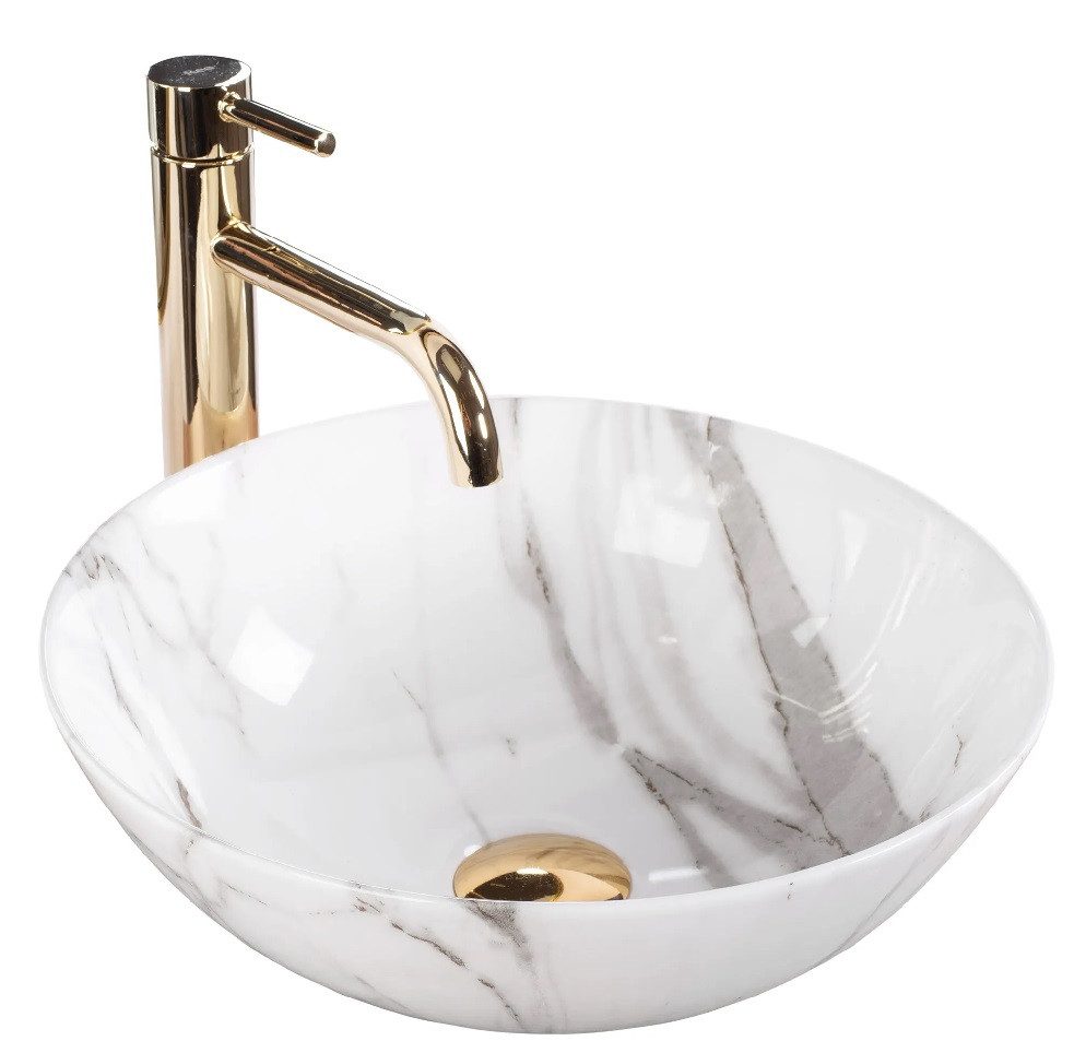 wohnwerk.idee Aufsatzwaschbecken Waschbecken Marmor Gold ∅ 35,5 Stella Shiny Aiax rund