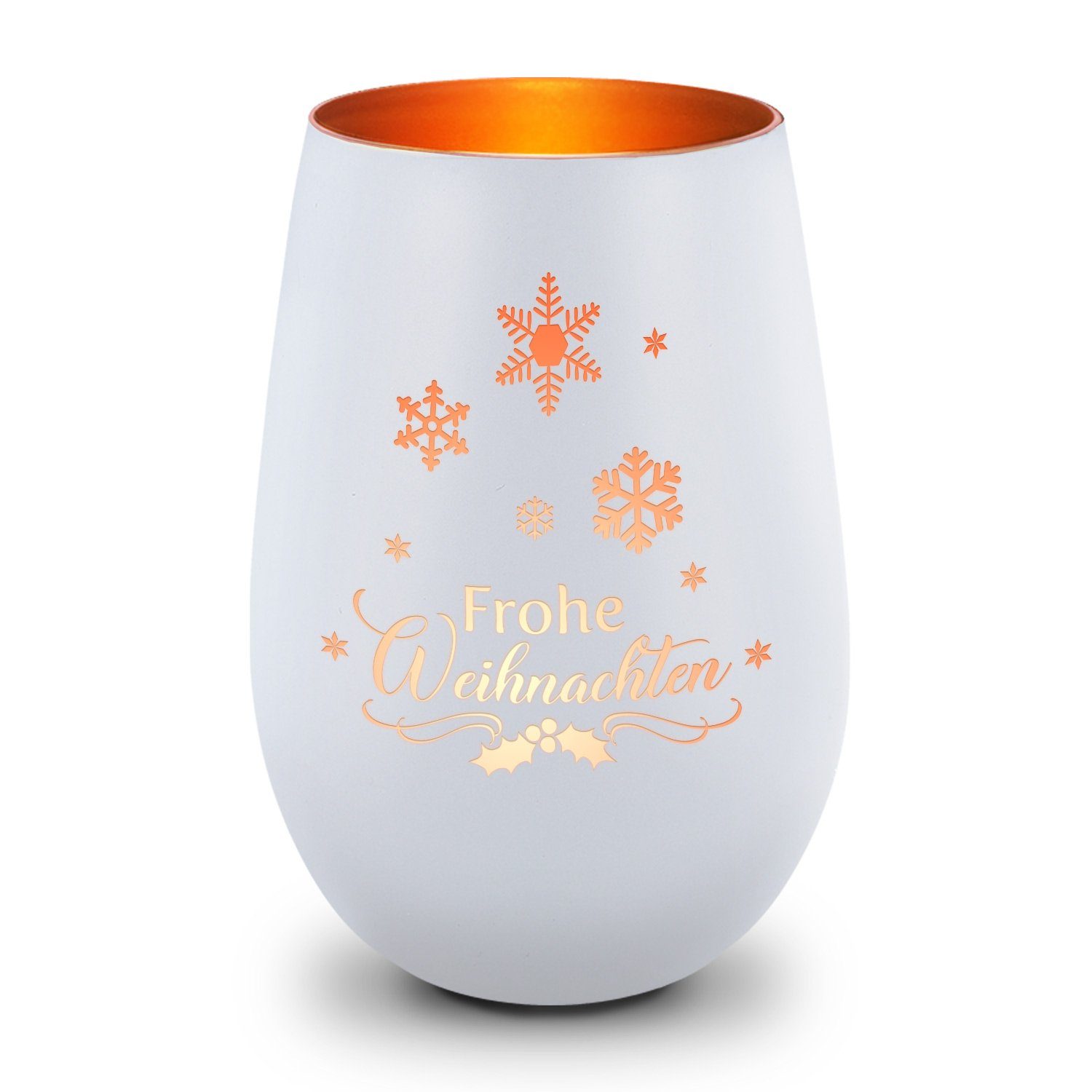 GRAVURZEILE Windlicht aus Glas mit Gravur - Frohe Weihnachten Schneeflocke - Weihnachtsdeko (Weiß/Bronze), Geschenke für Frauen und Männer zum Geburtstag und weitere Anlässe