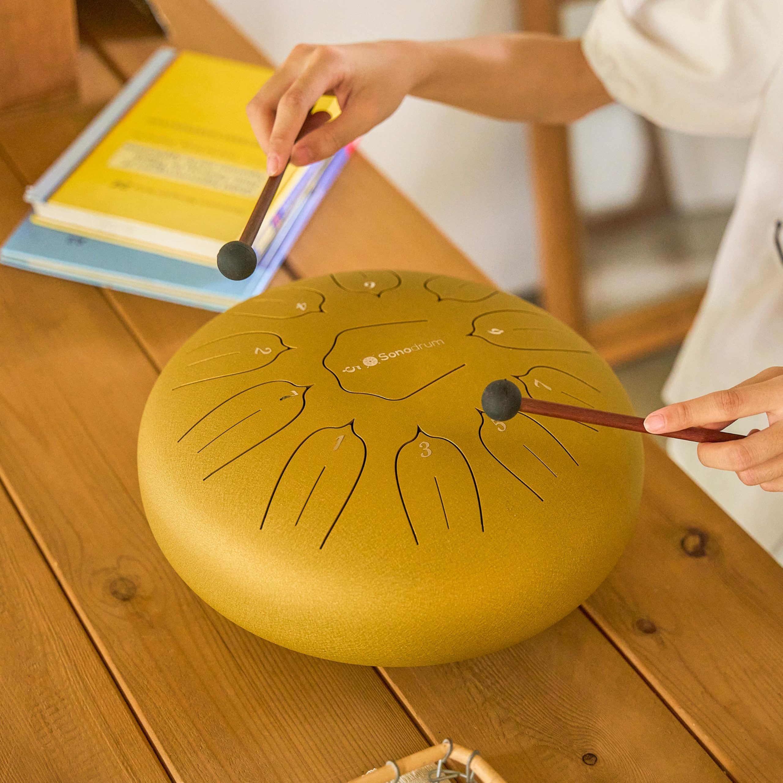 Sonodrum Steel Tongue Drum C - Dur, Zungentrommel 30 cm groß mit 11 Tönen,Steel Drum, Inkl. Liederbuch, Schlägel, Fingersticks und Tragetasche